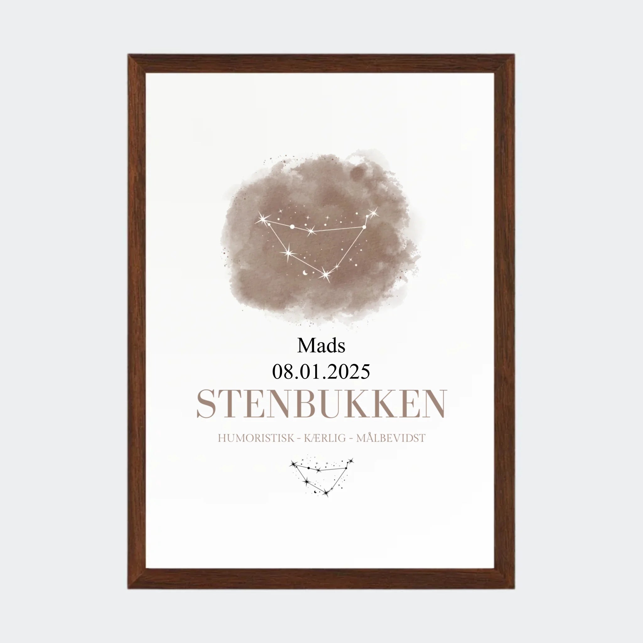 Stjernetegnsplakat – Stenbukken, A4 med ramme i mørk eg