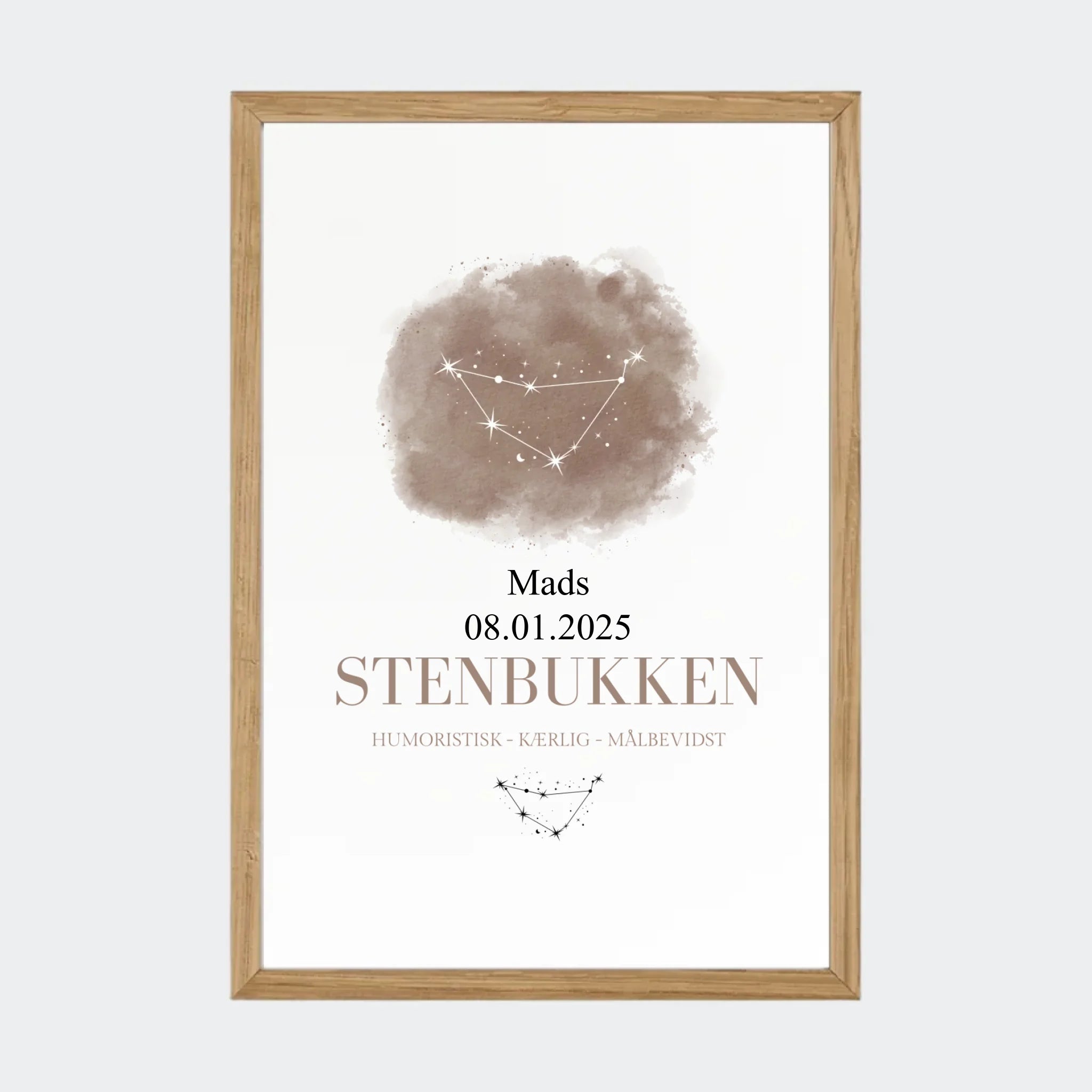 Stjernetegnsplakat – Stenbukken, A4 med ramme i massiv eg