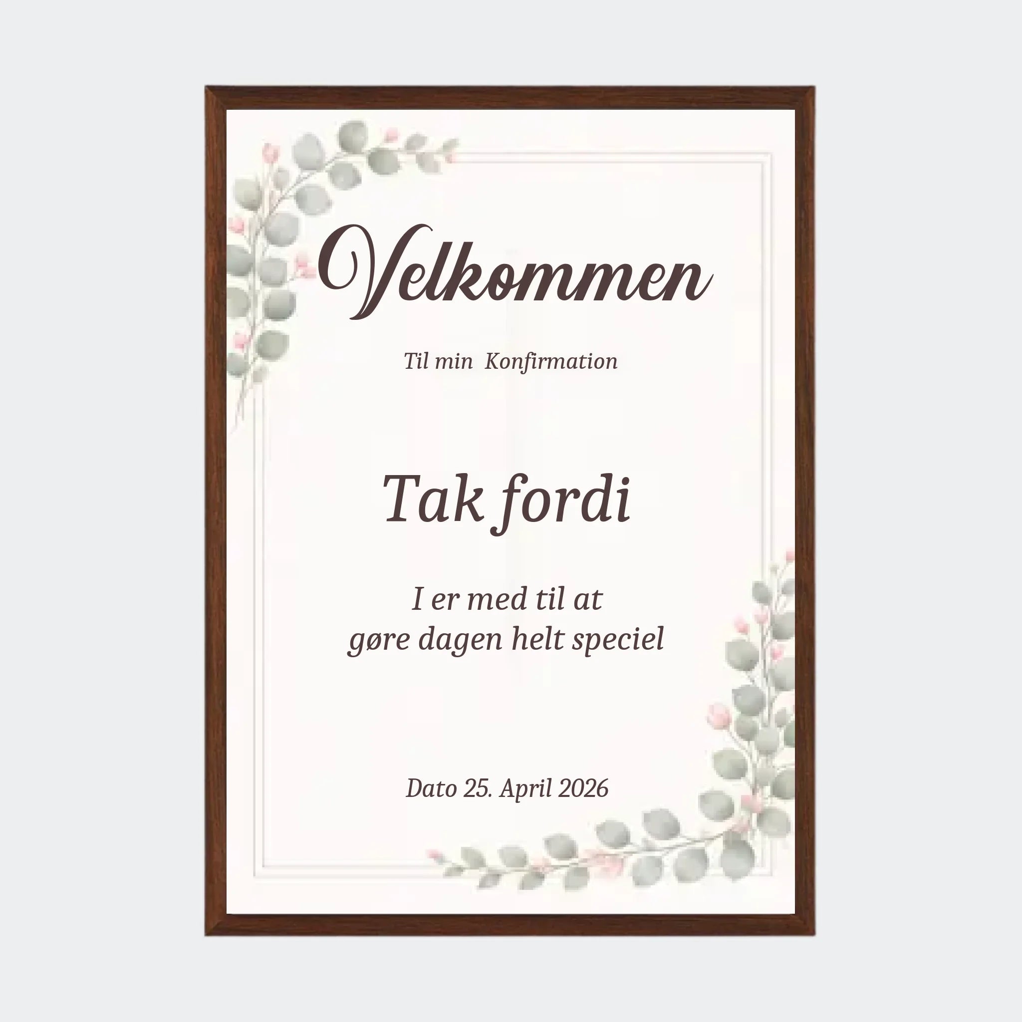 Plakat – Velkommen skilt, A3 med ramme i mørk eg