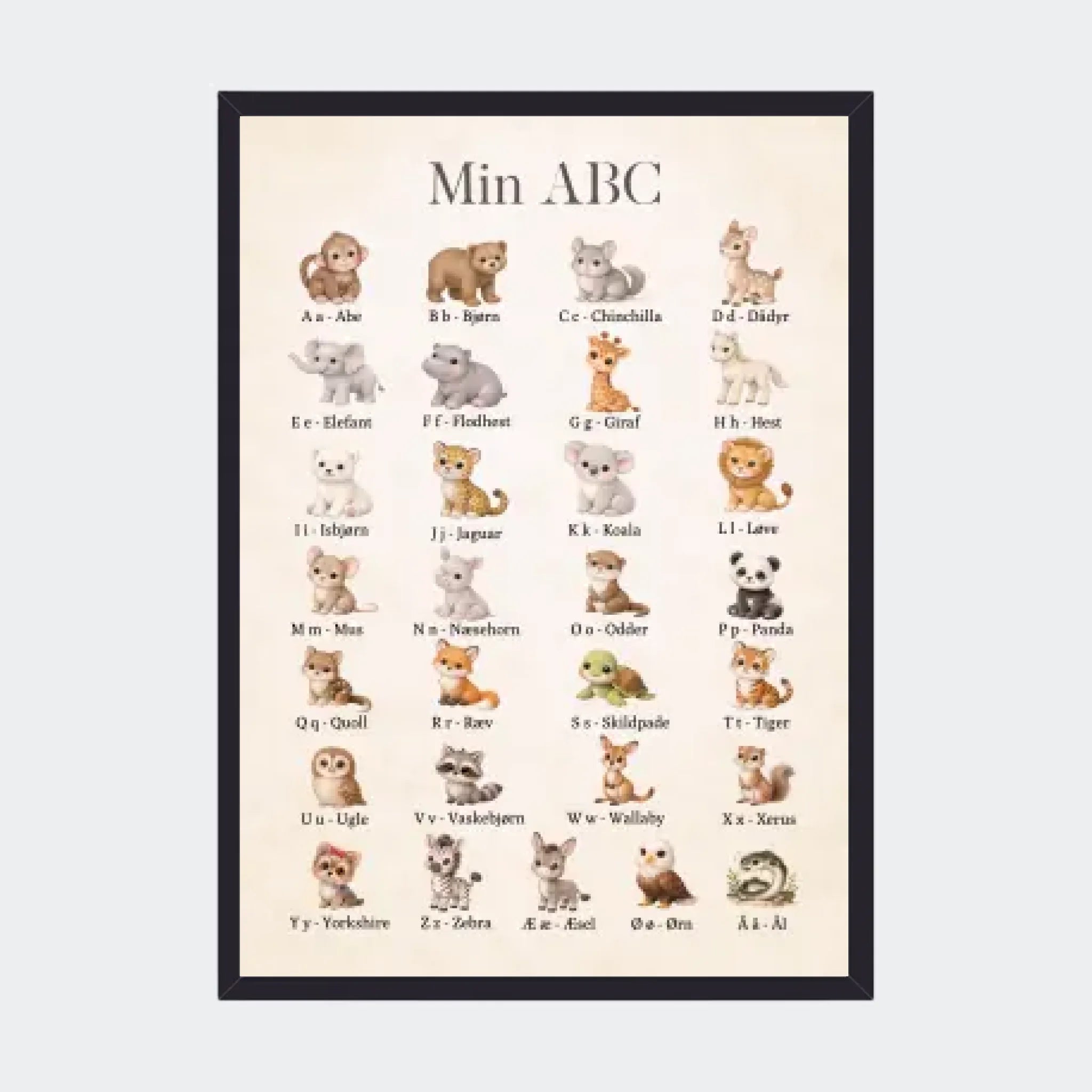 Plakat – Mit ABC med dyr, A3 med sort ramme