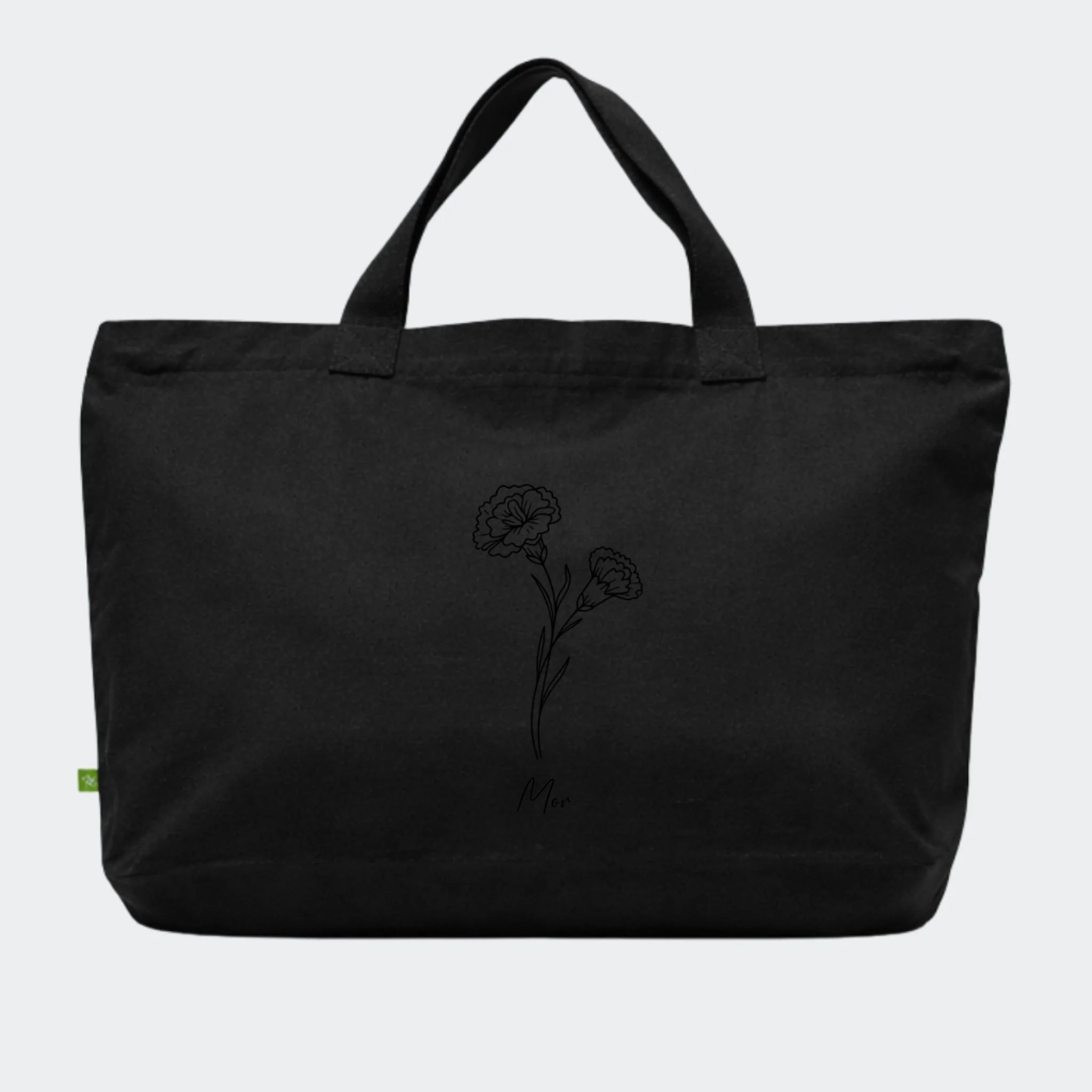 Økologisk tote bag med lynlås med motivet Måneds blomst – stregtegning, sort, 60 x 40 x 14