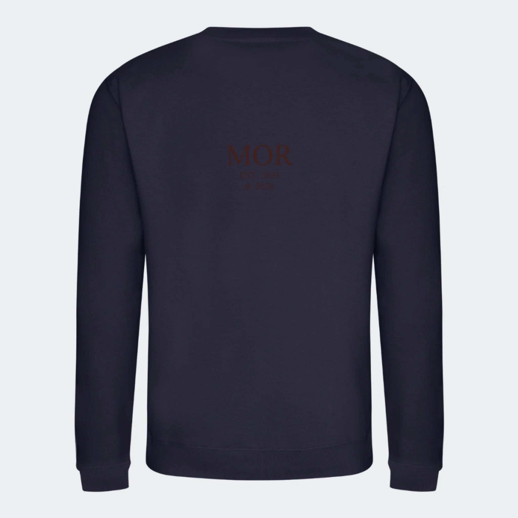 Sweatshirt med broderi til voksne – MOR EST. (Vælg selv tekst og årstal), mørkeblå, set bagfra