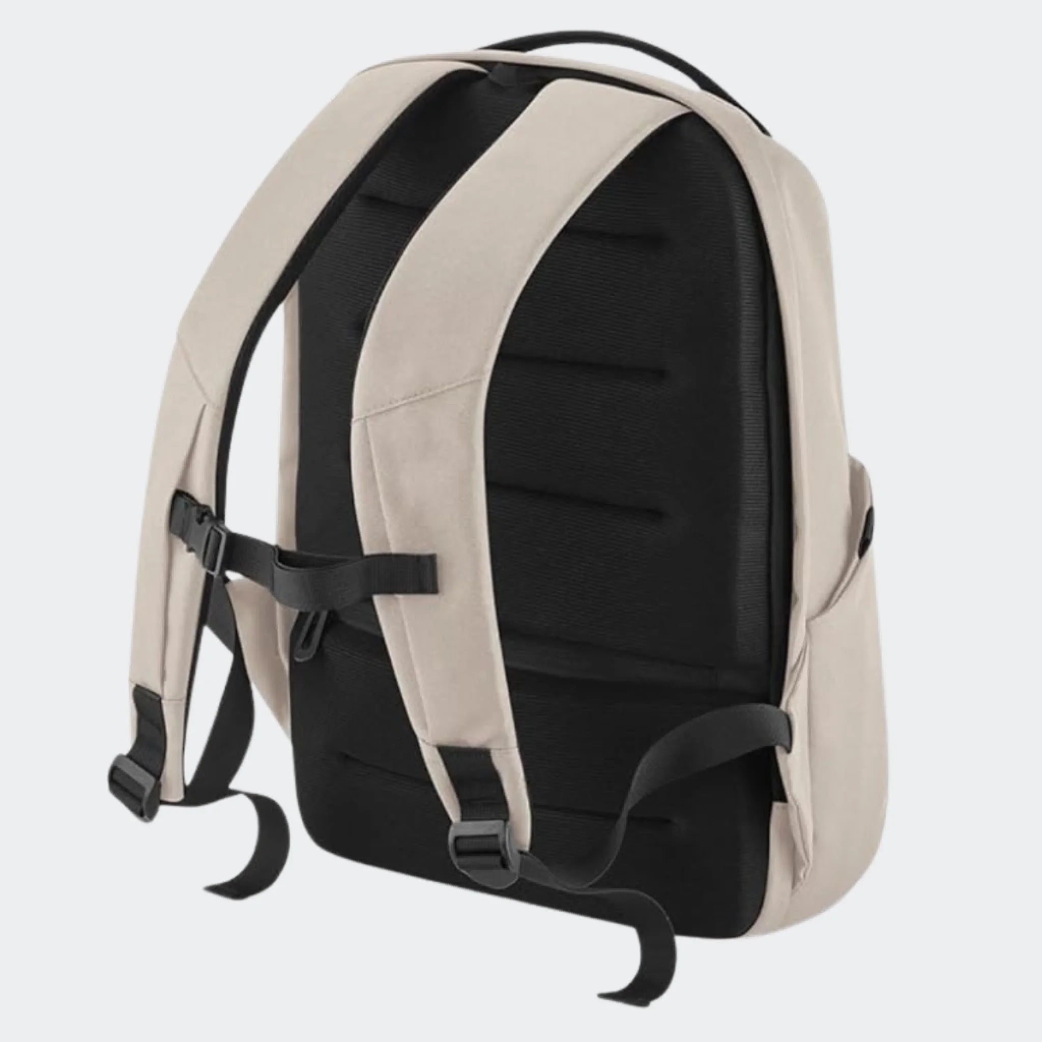 Bagsiden af Project Recycled Security Backpack Lite med sorte skulderstropper