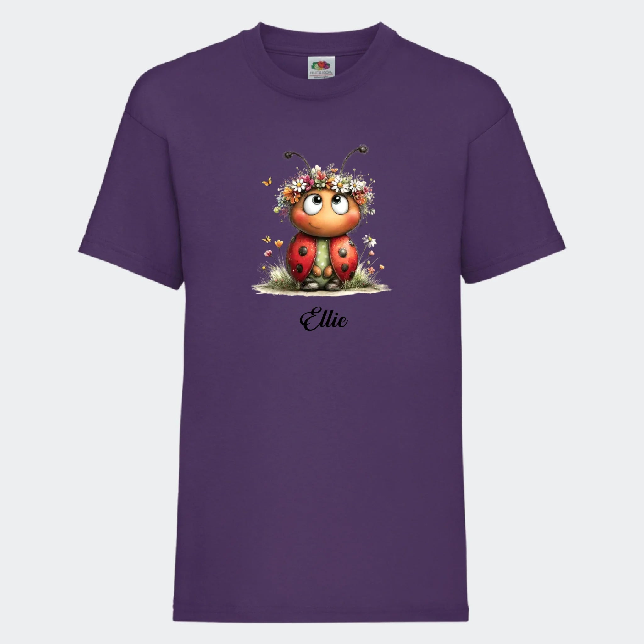 Mariehøne T-shirt til Børn – vælg motiv og og navn 🐞, lille, set forfra