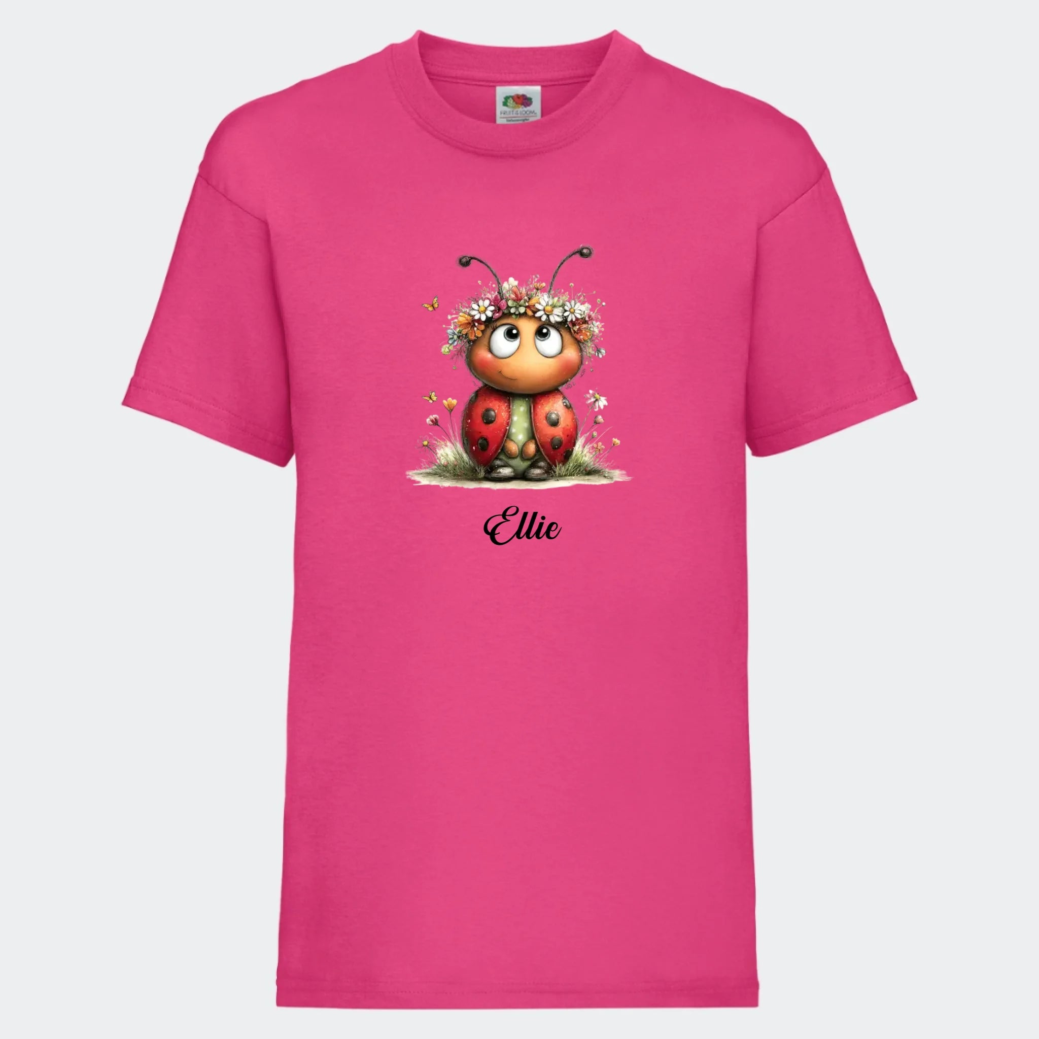 Mariehøne T-shirt til Børn – vælg motiv og og navn 🐞, fuchsia, set forfra