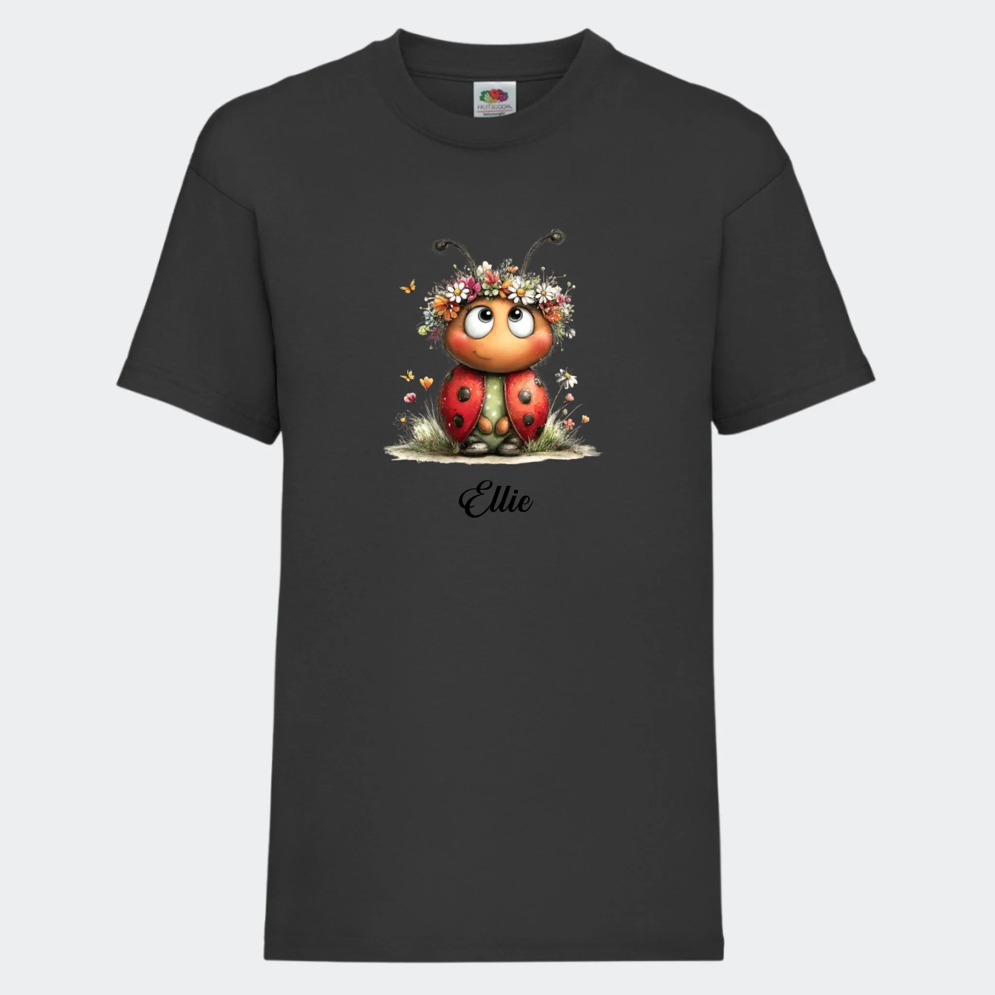 Mariehøne T-shirt til Børn – vælg motiv og og navn 🐞, sort, set forfra