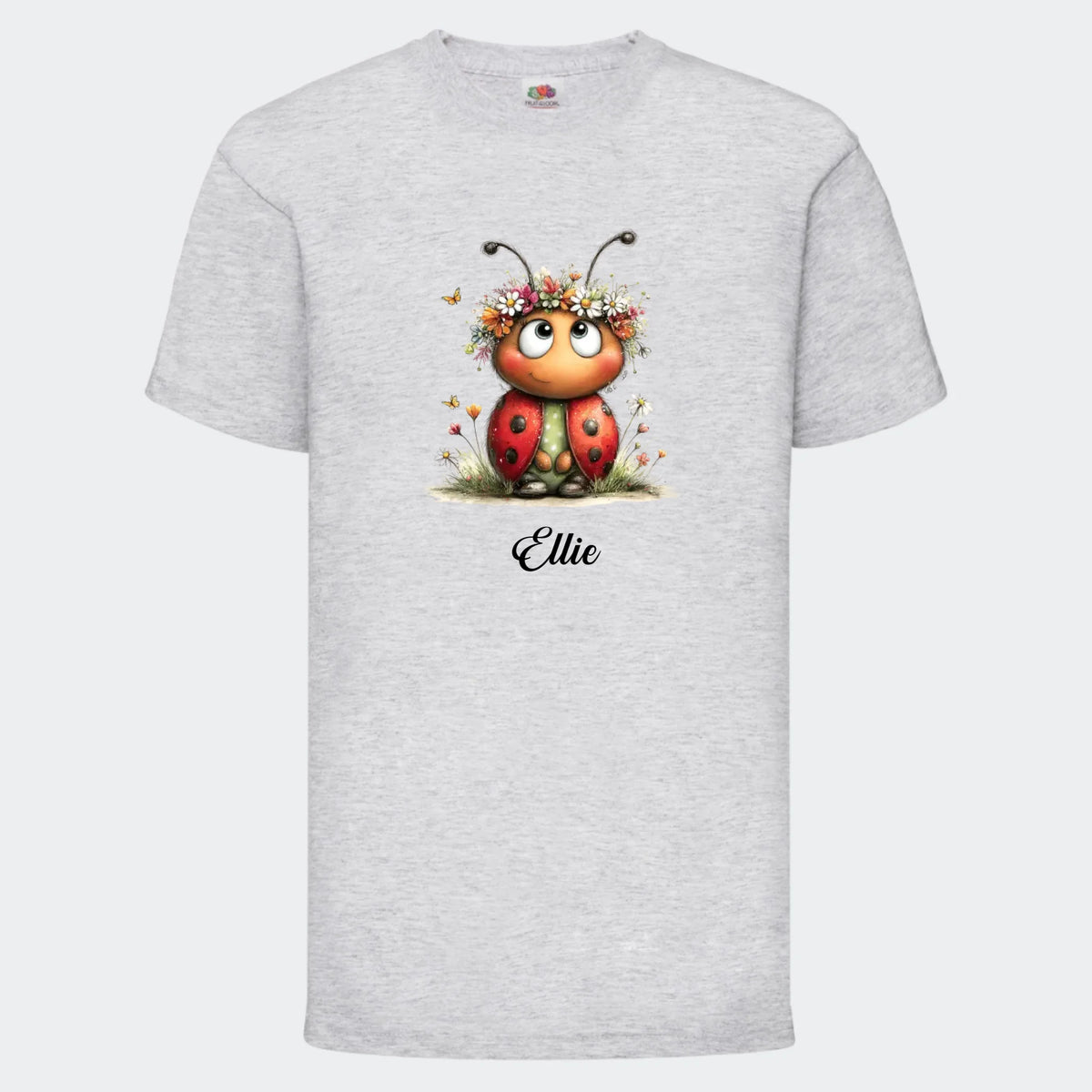 Mariehøne T-shirt til Børn – vælg motiv og og navn 🐞, meleret grå, set forfra