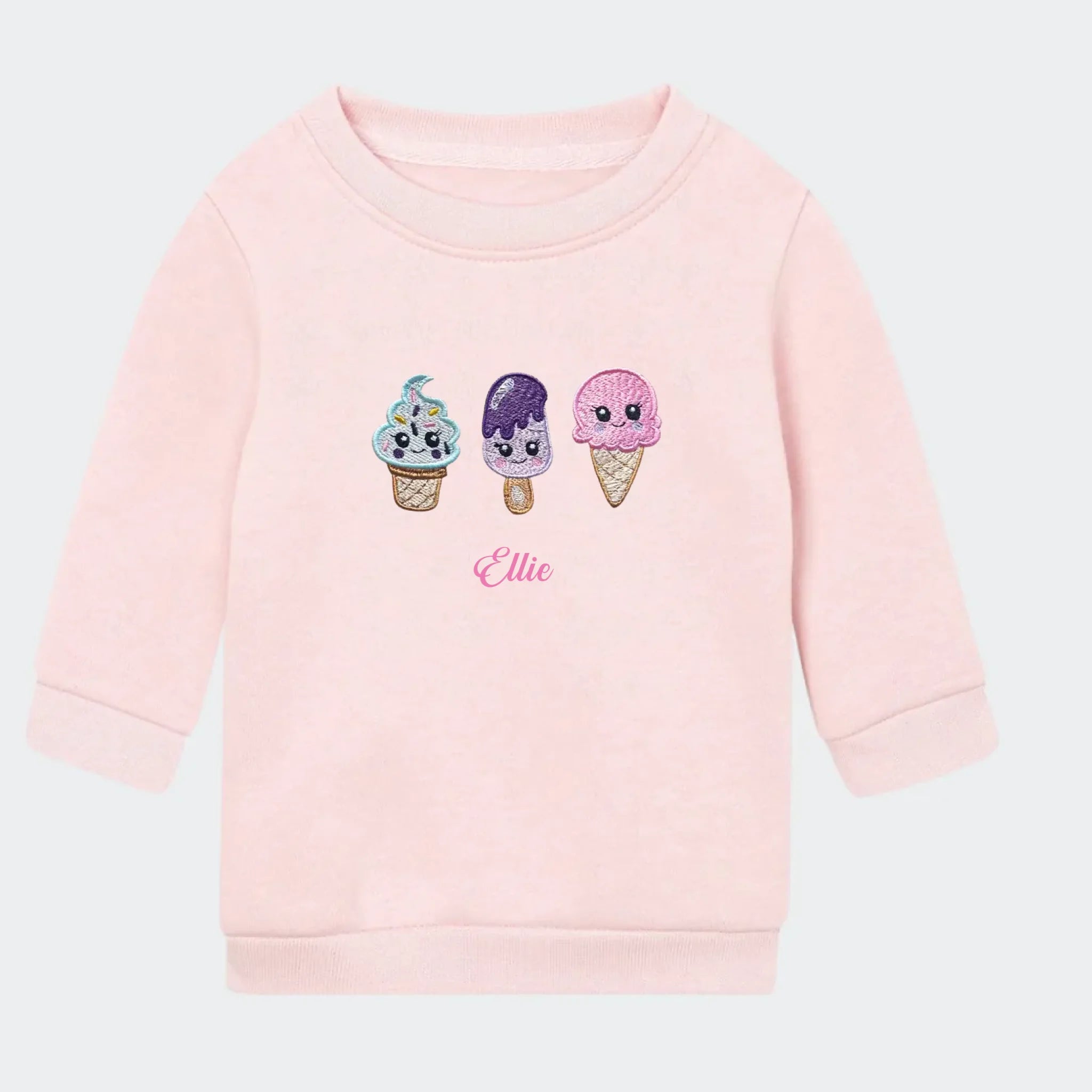 Sweatshirt til små børn med brodering – 3 søde is, lyserød
