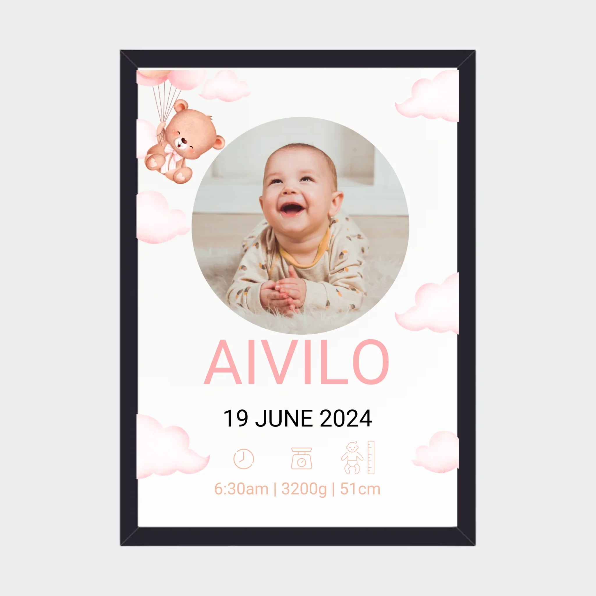 Baby plakat ny, A4 med sort ramme