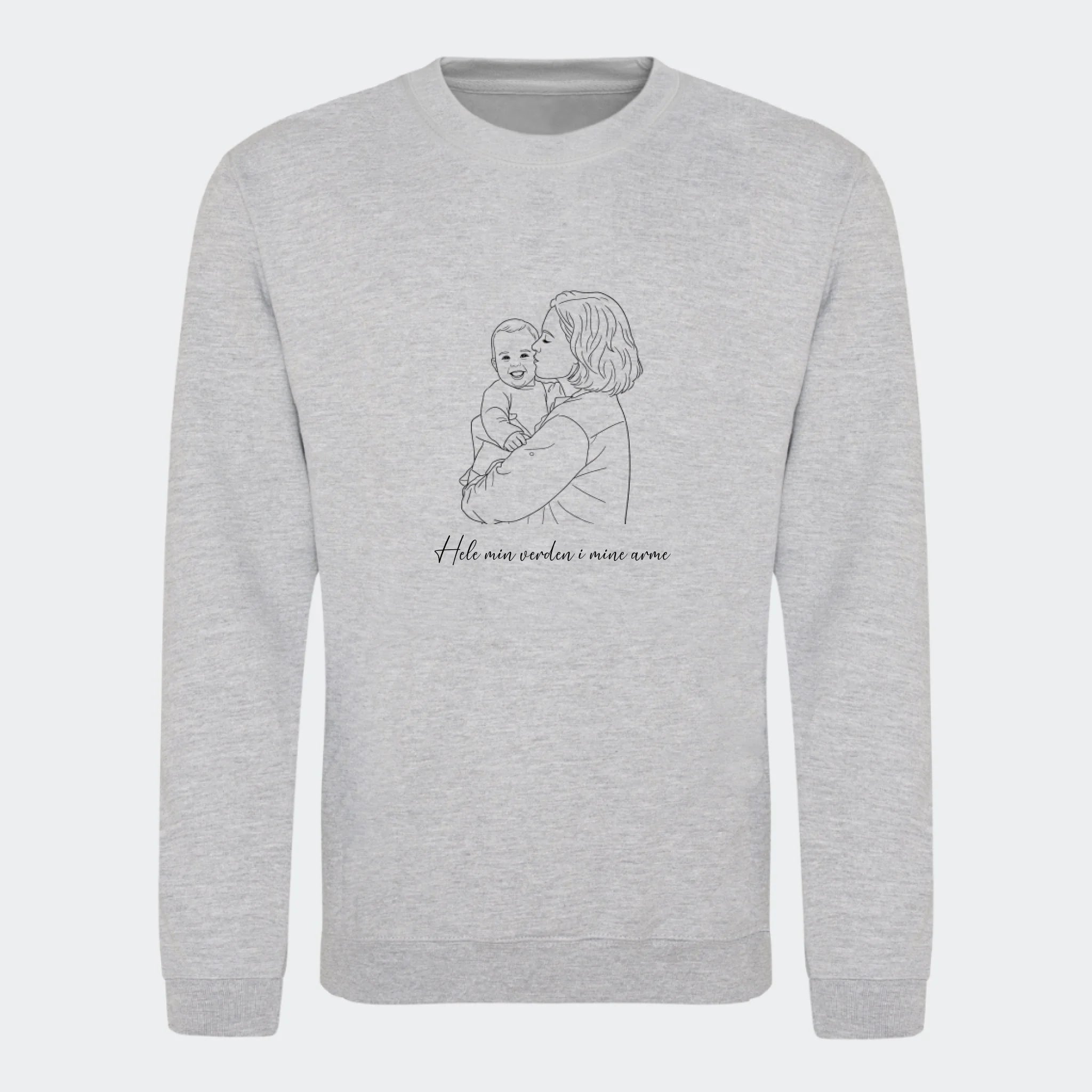 Sweatshirt til voksne – Stregtegning med eget billede, meleret grå, set forfra