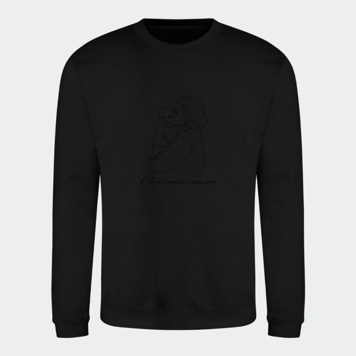 Sweatshirt til voksne – Stregtegning med eget billede, sort, set forfra