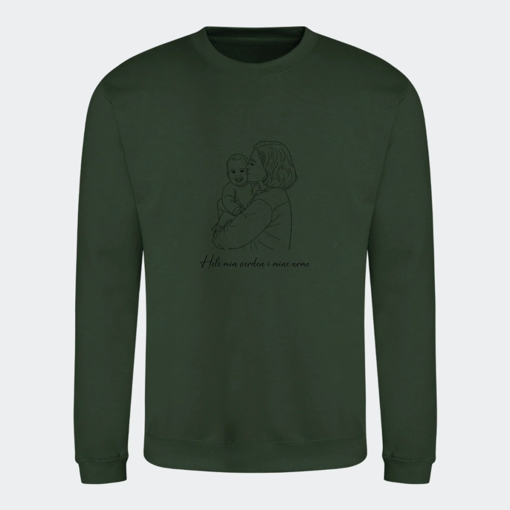 Sweatshirt til voksne – Stregtegning med eget billede, skovgrøn, set forfra