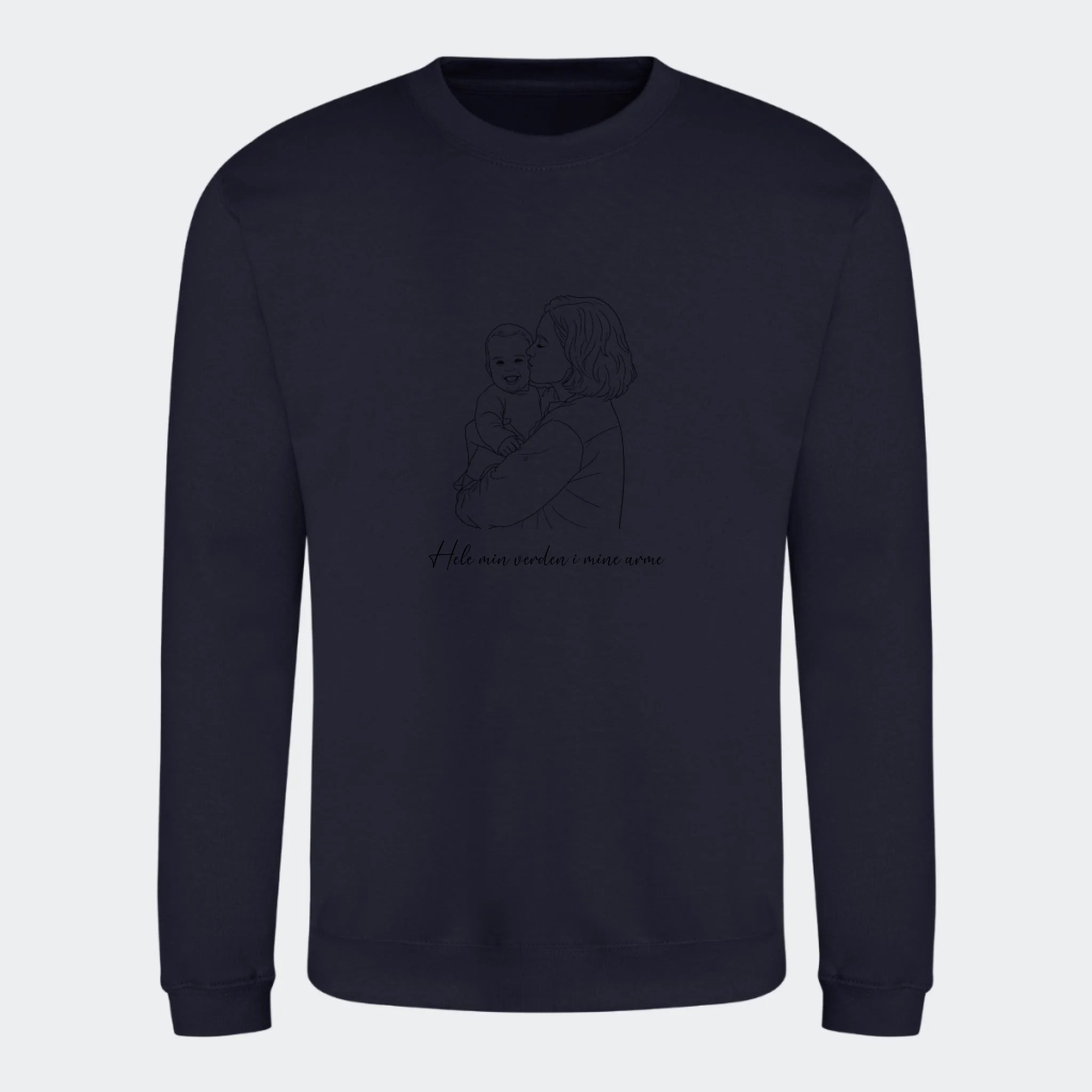 Sweatshirt til voksne – Stregtegning med eget billede, mørkeblå, set forfra