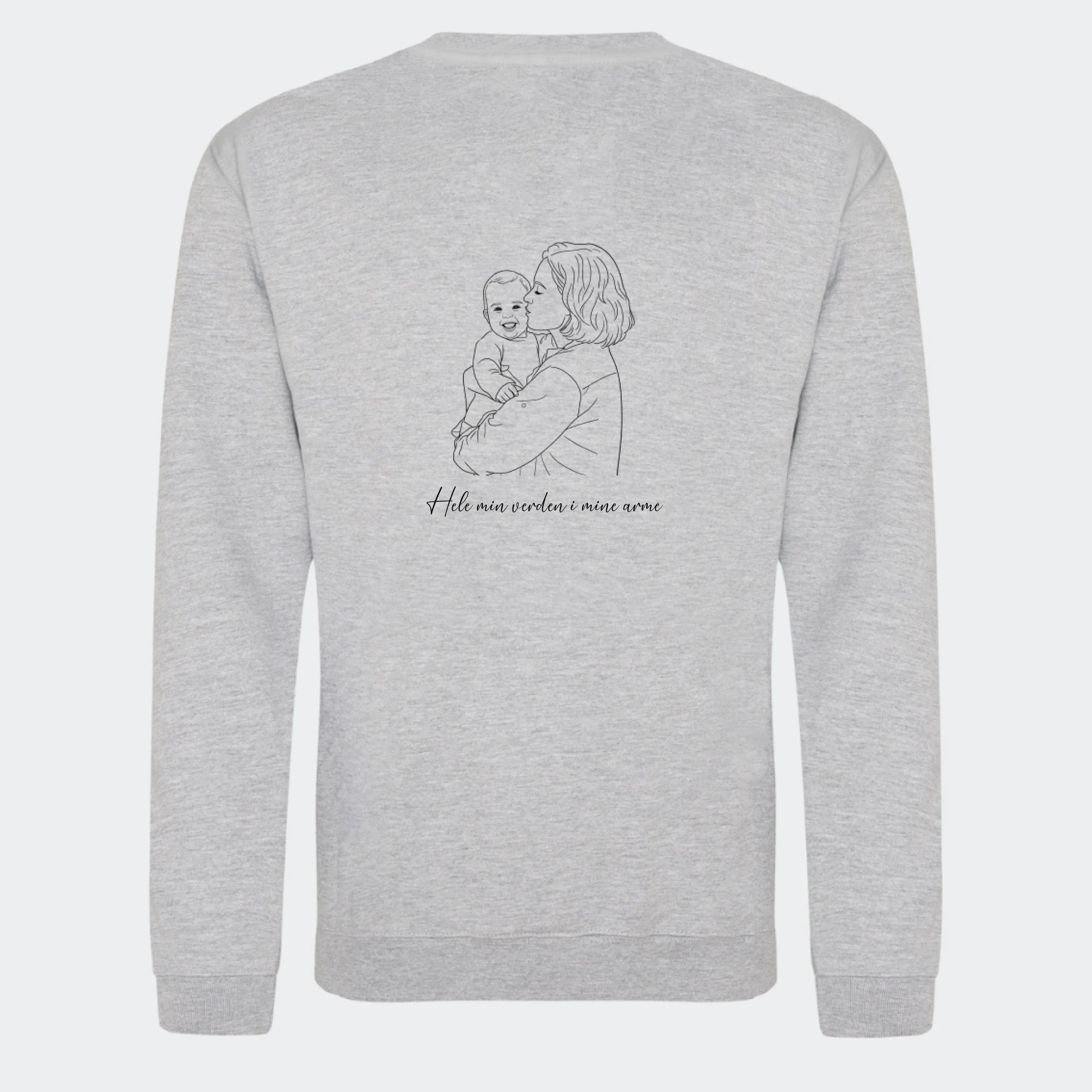 Sweatshirt til voksne – Stregtegning med eget billede, meleret grå, set bagfra