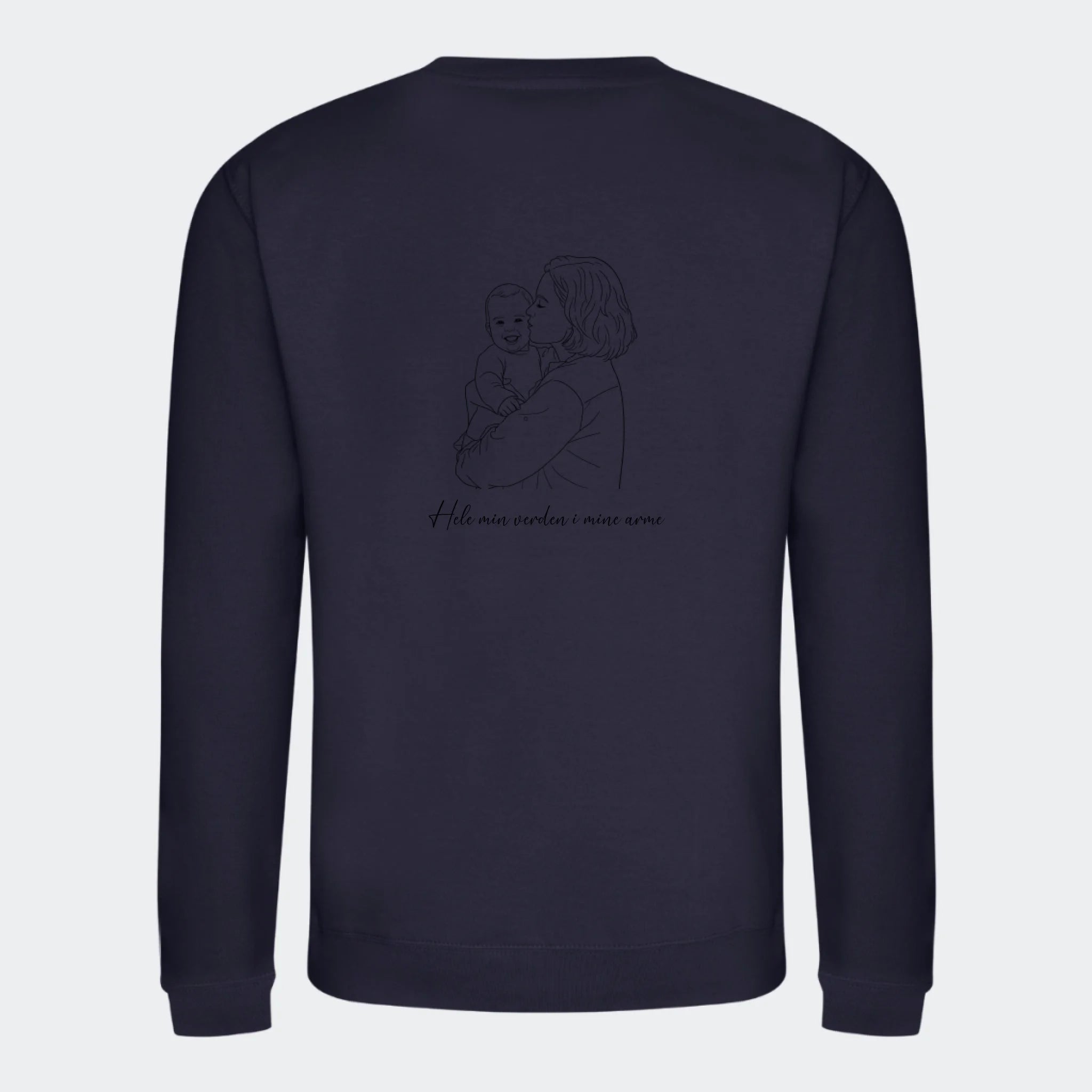 Sweatshirt til voksne – Stregtegning med eget billede, mørkeblå, set bagfra