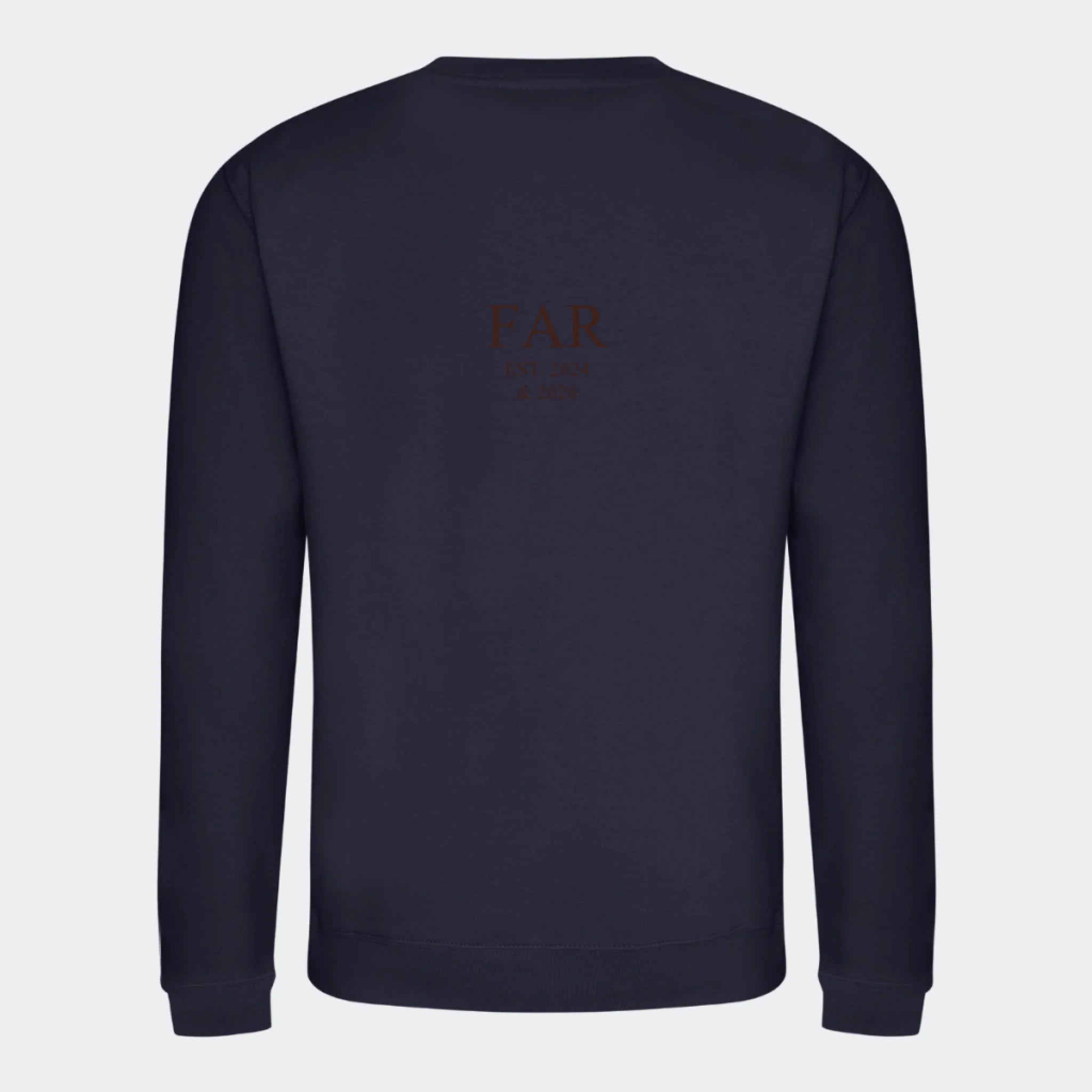 Sweatshirt med broderi til voksne – FAR EST. (Vælg selv tekst og årstal), mørkeblå, set bagfra
