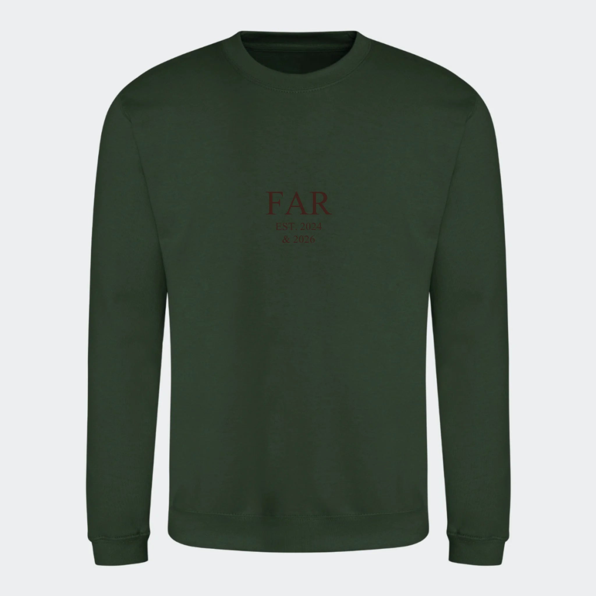 Sweatshirt med broderi til voksne – FAR EST. (Vælg selv tekst og årstal), skovgrøn, set forfra