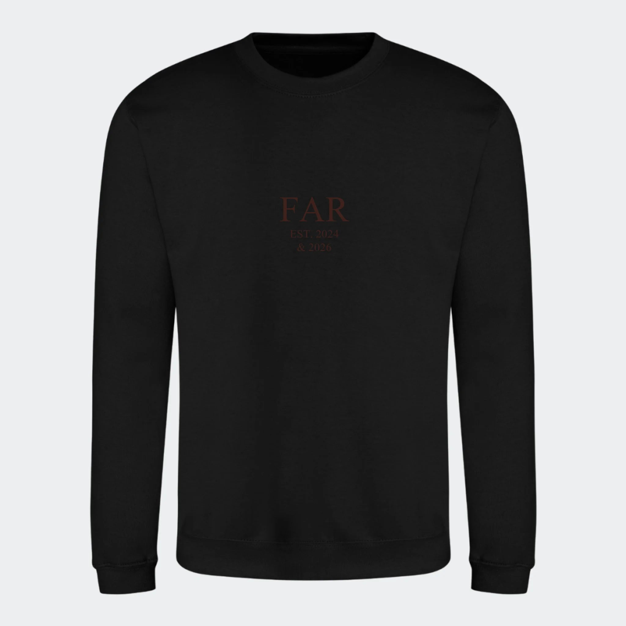 Sweatshirt med broderi til voksne – FAR EST. (Vælg selv tekst og årstal), sort, set forfra