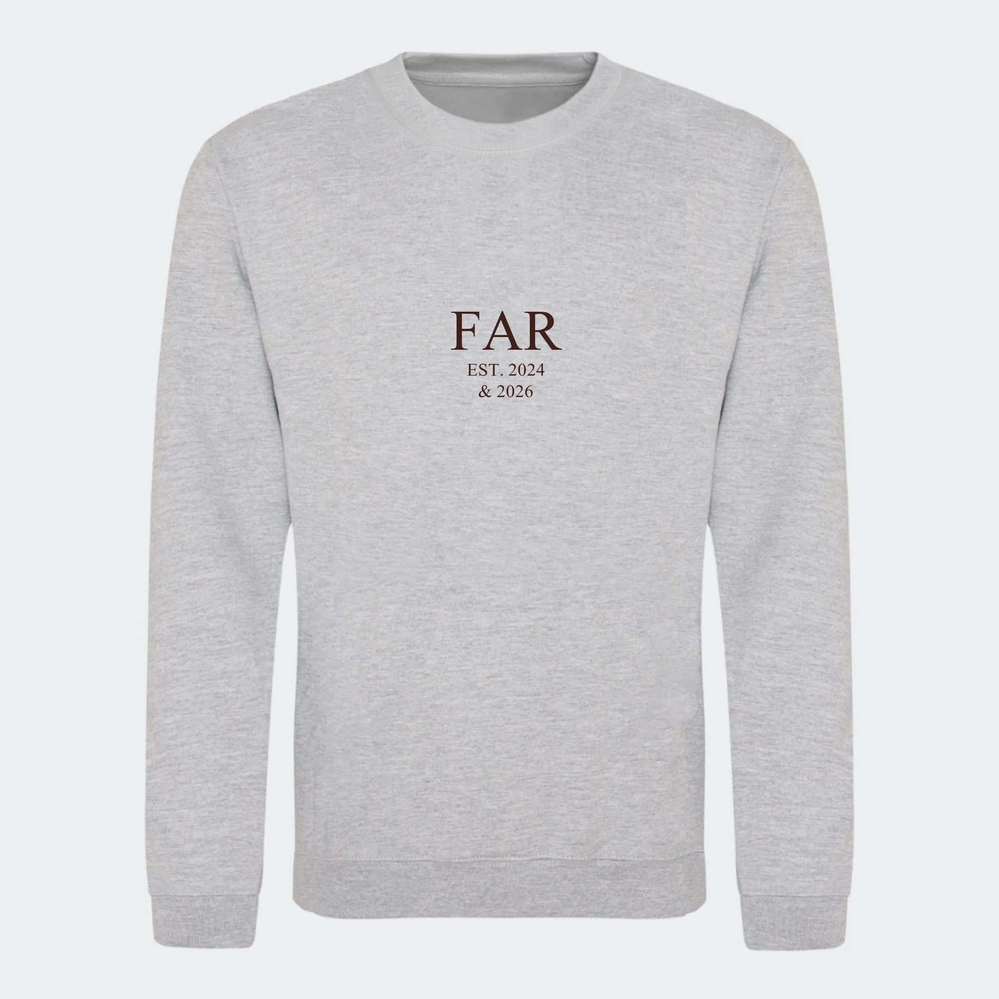 Sweatshirt med broderi til voksne – FAR EST. (Vælg selv tekst og årstal), meleret grå, set forfra