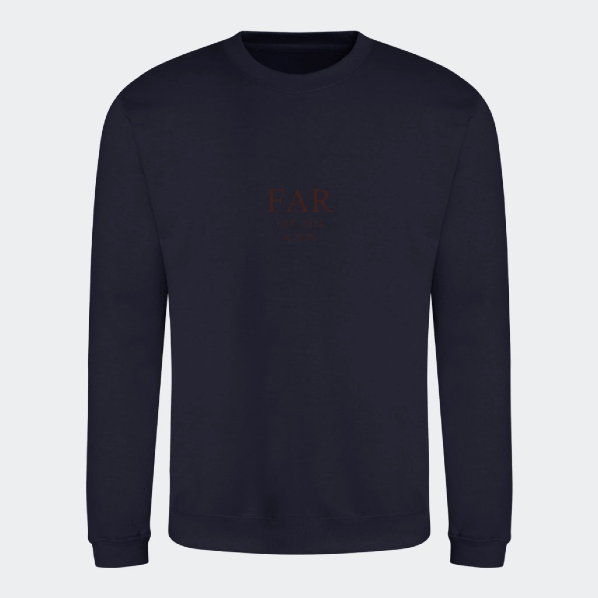 Sweatshirt med broderi til voksne – FAR EST. (Vælg selv tekst og årstal), mørkeblå, set forfra