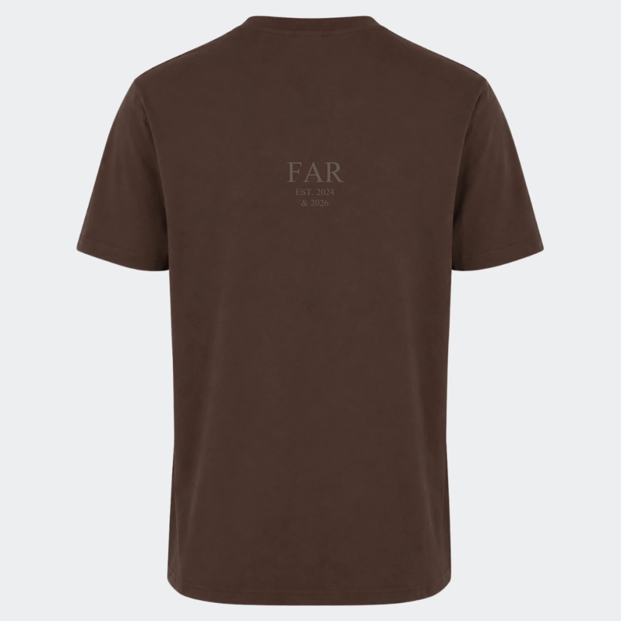 T-shirt med tryk til voksne – FAR EST. (Vælg selv tekst og årstal), chokoladebrun, set bagfra