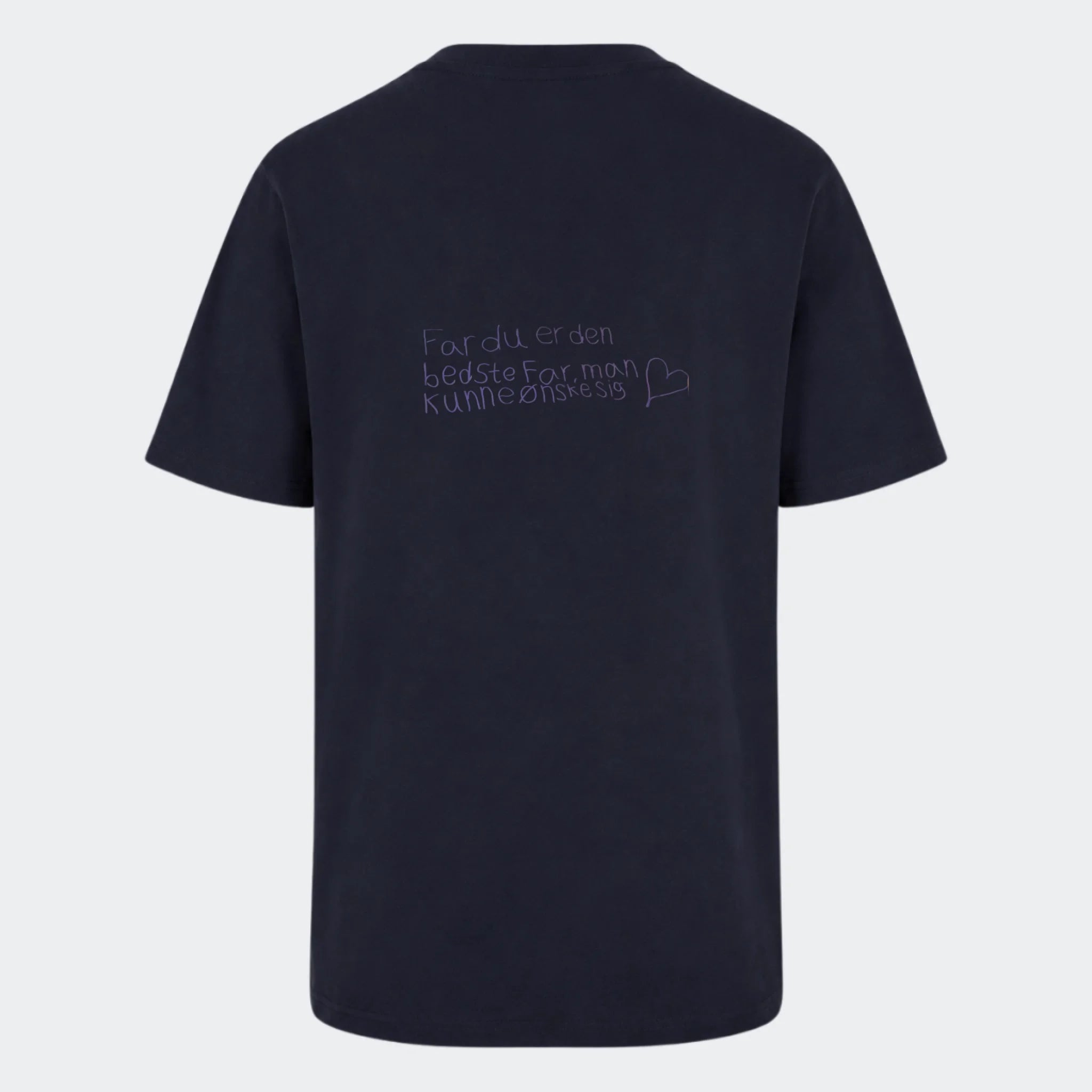 T-shirt med tryk – Håndskrevet note – upload egen note, marineblå, set bagfra
