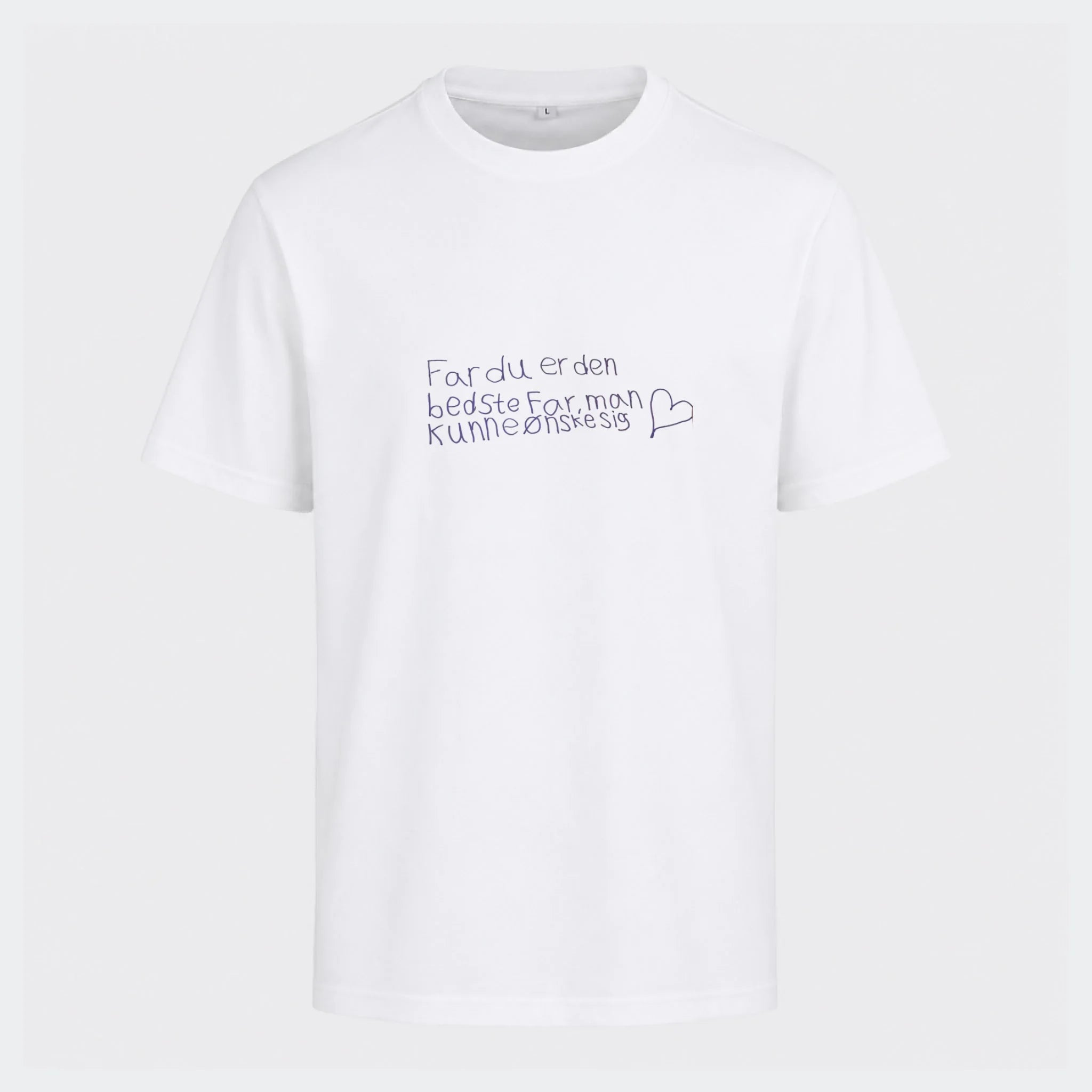 T-shirt med tryk – Håndskrevet note – upload egen note, hvid, set forfra