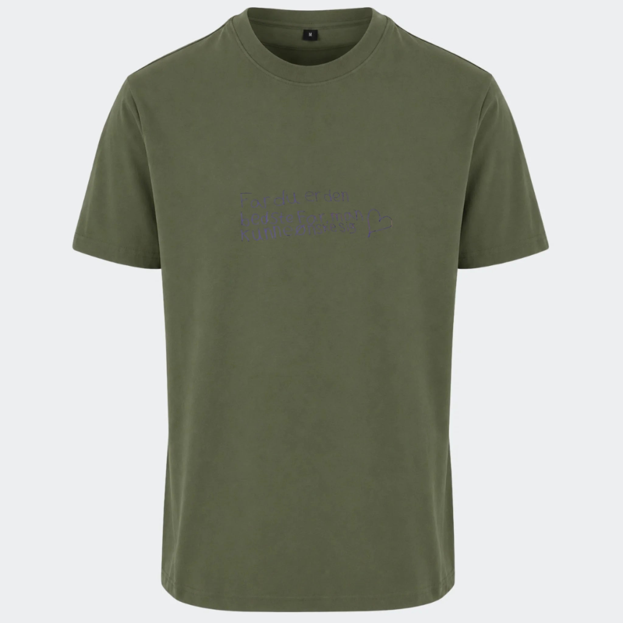 T-shirt med tryk – Håndskrevet note – upload egen note, oliven, set forfra