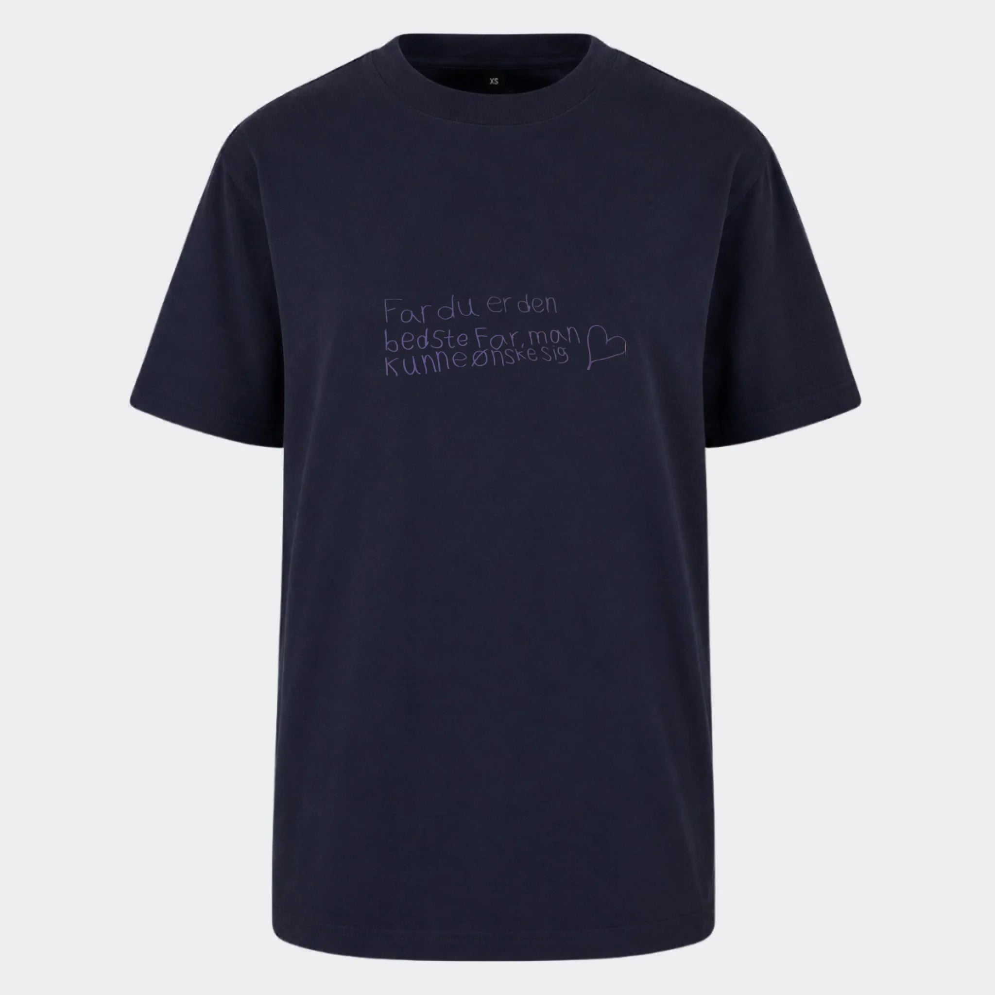 T-shirt med tryk – Håndskrevet note – upload egen note, marineblå, set forfra