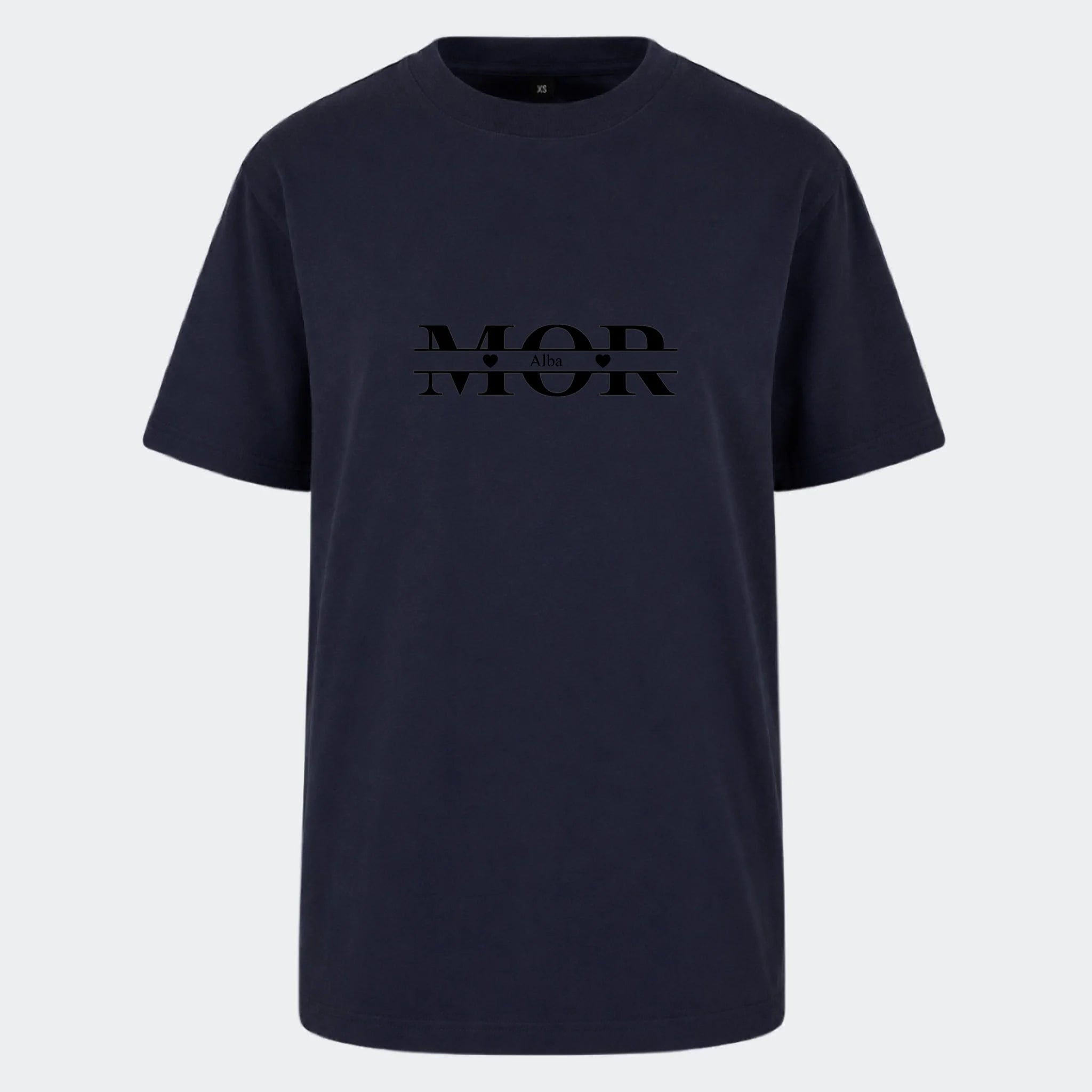 T-shirt til voksne – Mor med hjerter og navne, marineblå, set forfra