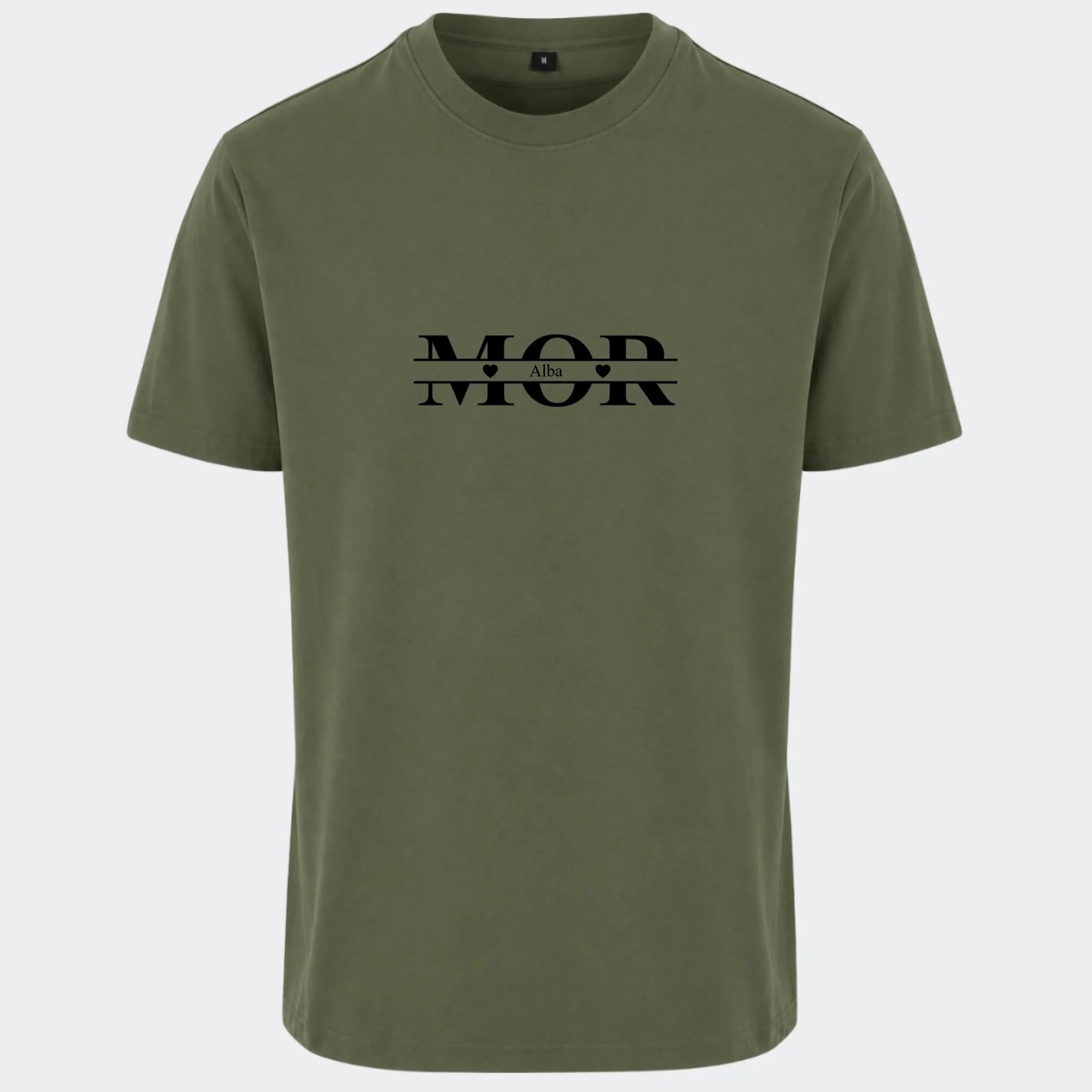 T-shirt til voksne – Mor med hjerter og navne, oliven, set forfra