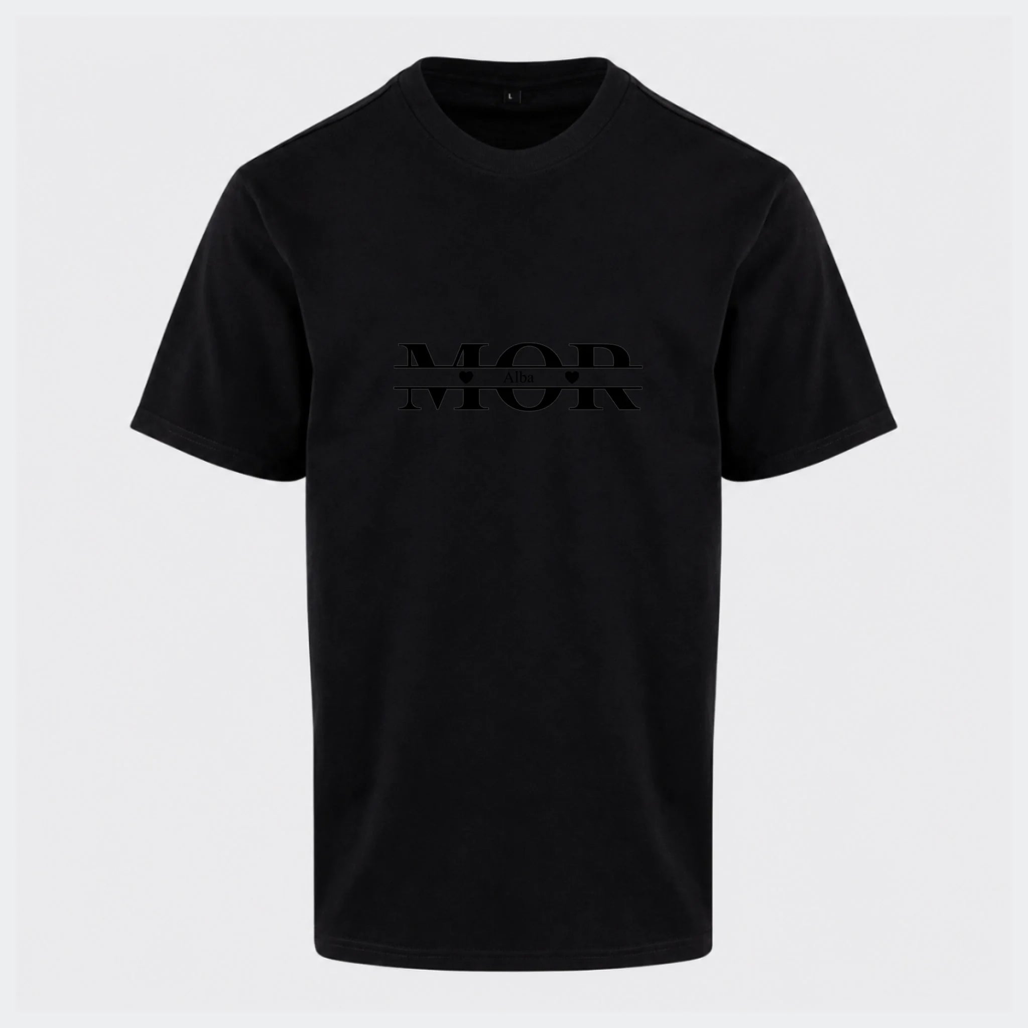 T-shirt til voksne – Mor med hjerter og navne, sort, set forfra