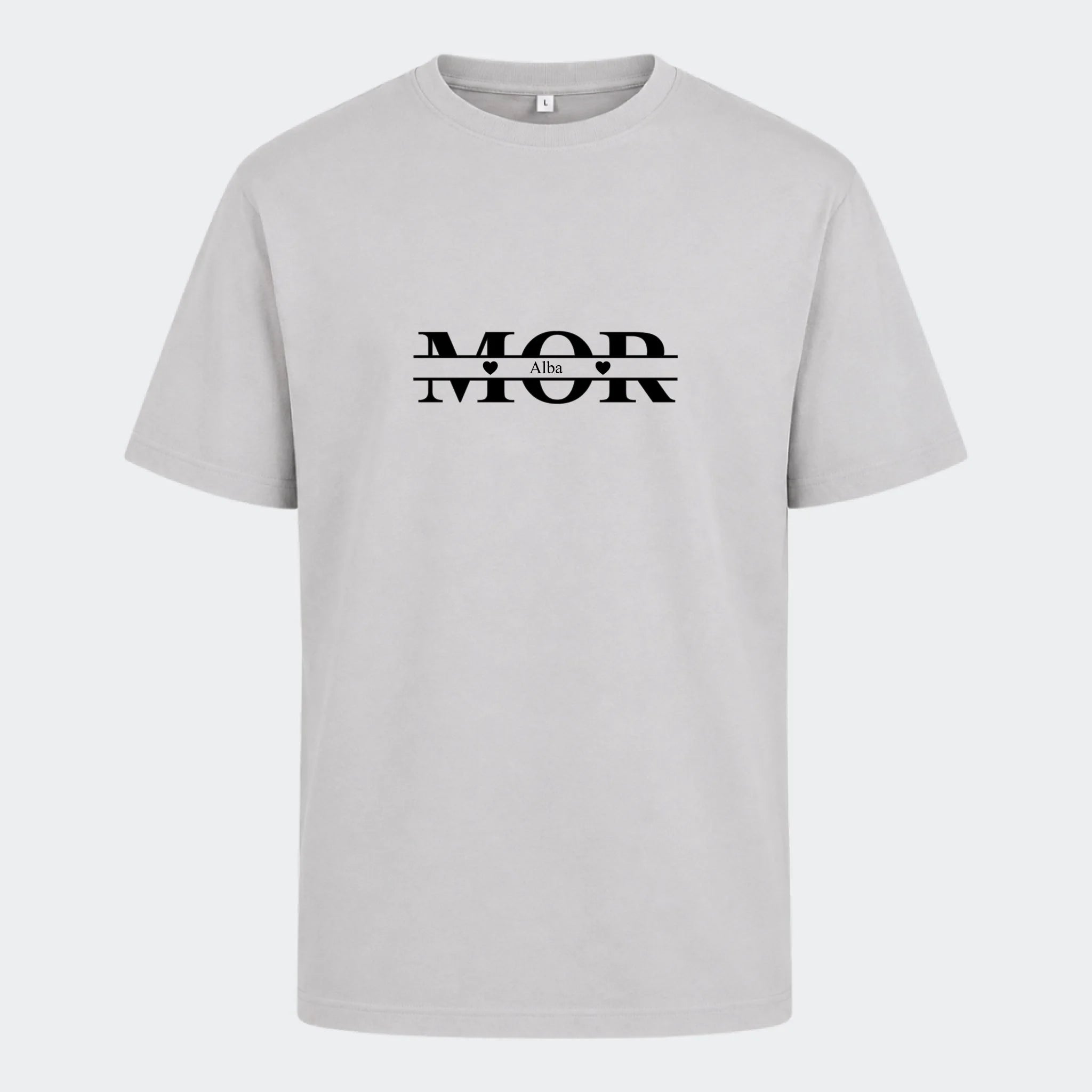 T-shirt til voksne – Mor med hjerter og navne, lysegrå, set forfra