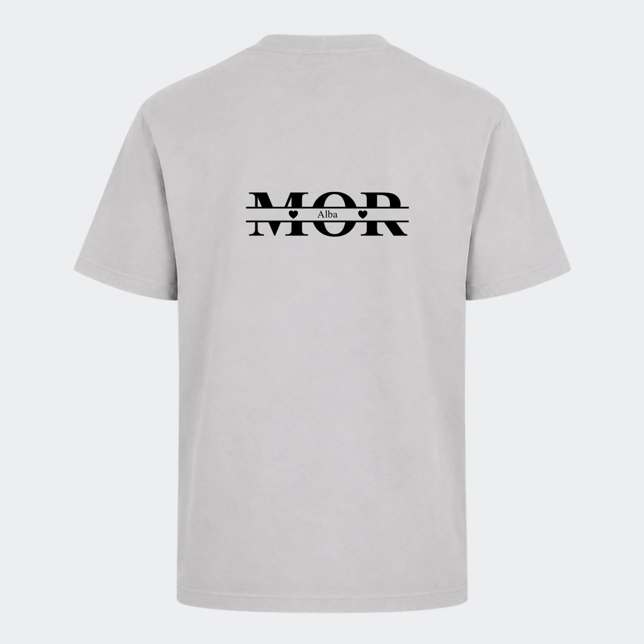 T-shirt til voksne – Mor med hjerter og navne, lysegrå, set bagfra