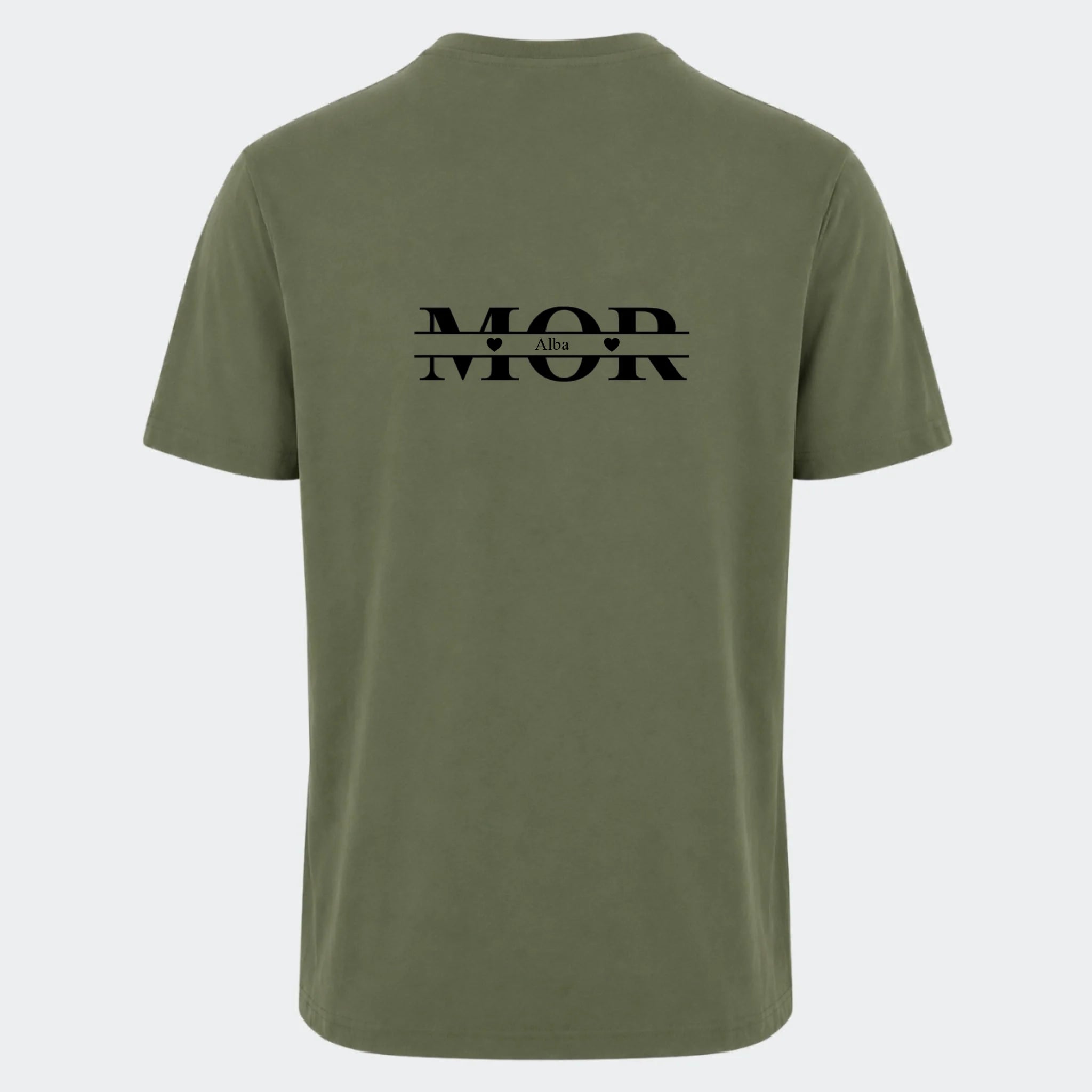 T-shirt til voksne – Mor med hjerter og navne, oliven, set bagfra
