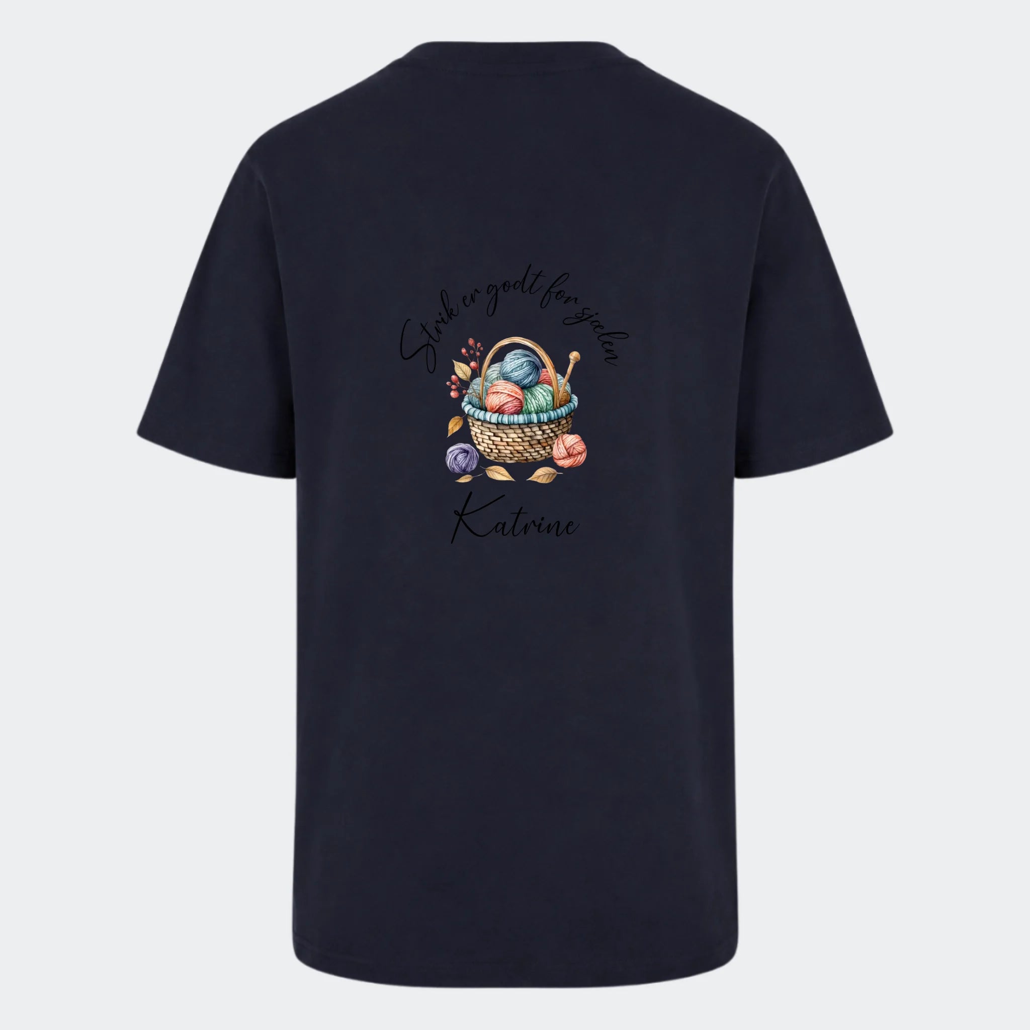 T-shirt – Strik er godt for sjælen. Se motiver, marineblå, set bagfra
