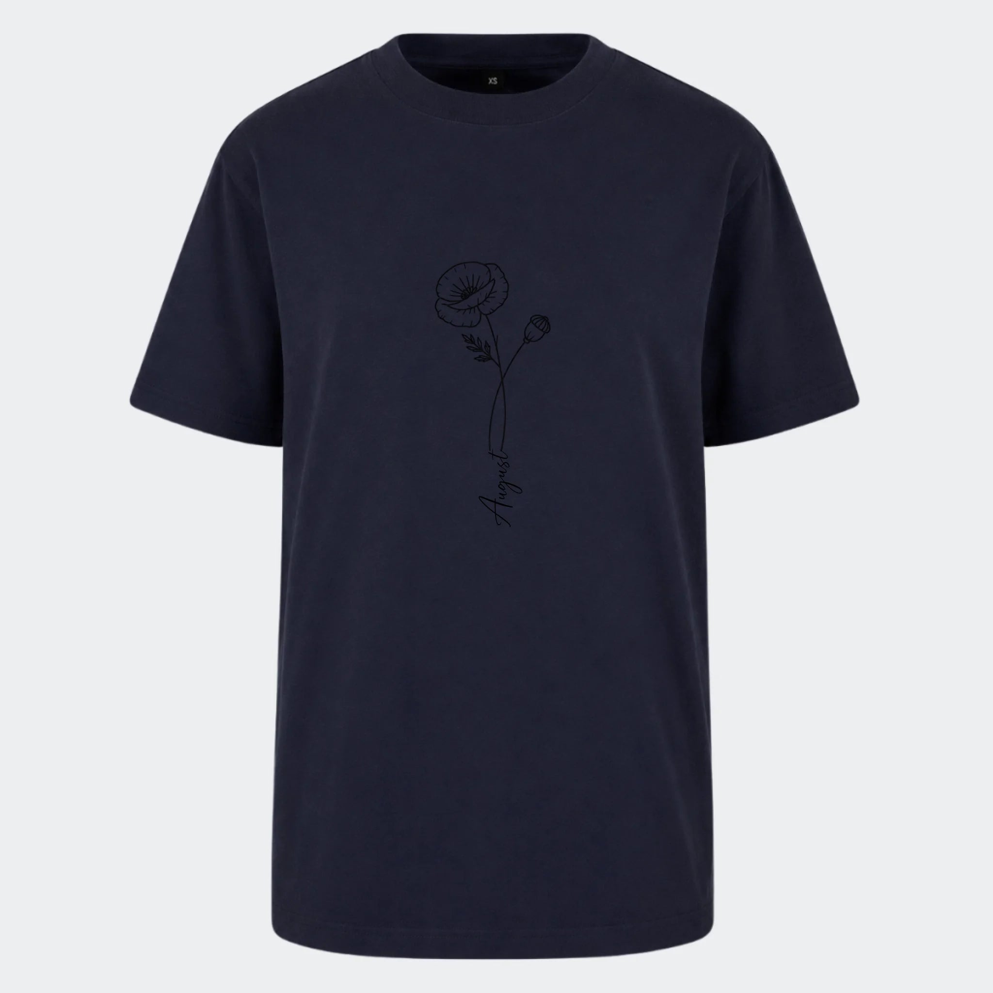 T-shirt – Månedsblomst. Se med alle her, marineblå, set forfra
