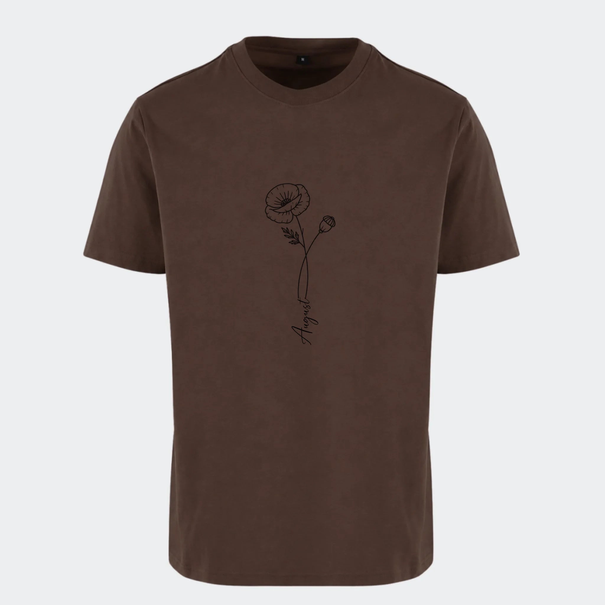T-shirt – Månedsblomst. Se med alle her, chokoladebrun, set forfra
