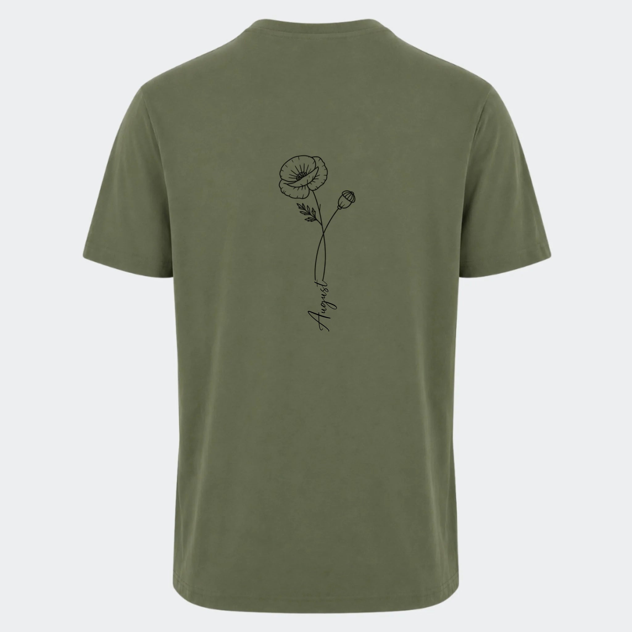 T-shirt – Månedsblomst. Se med alle her, oliven, set bagfra