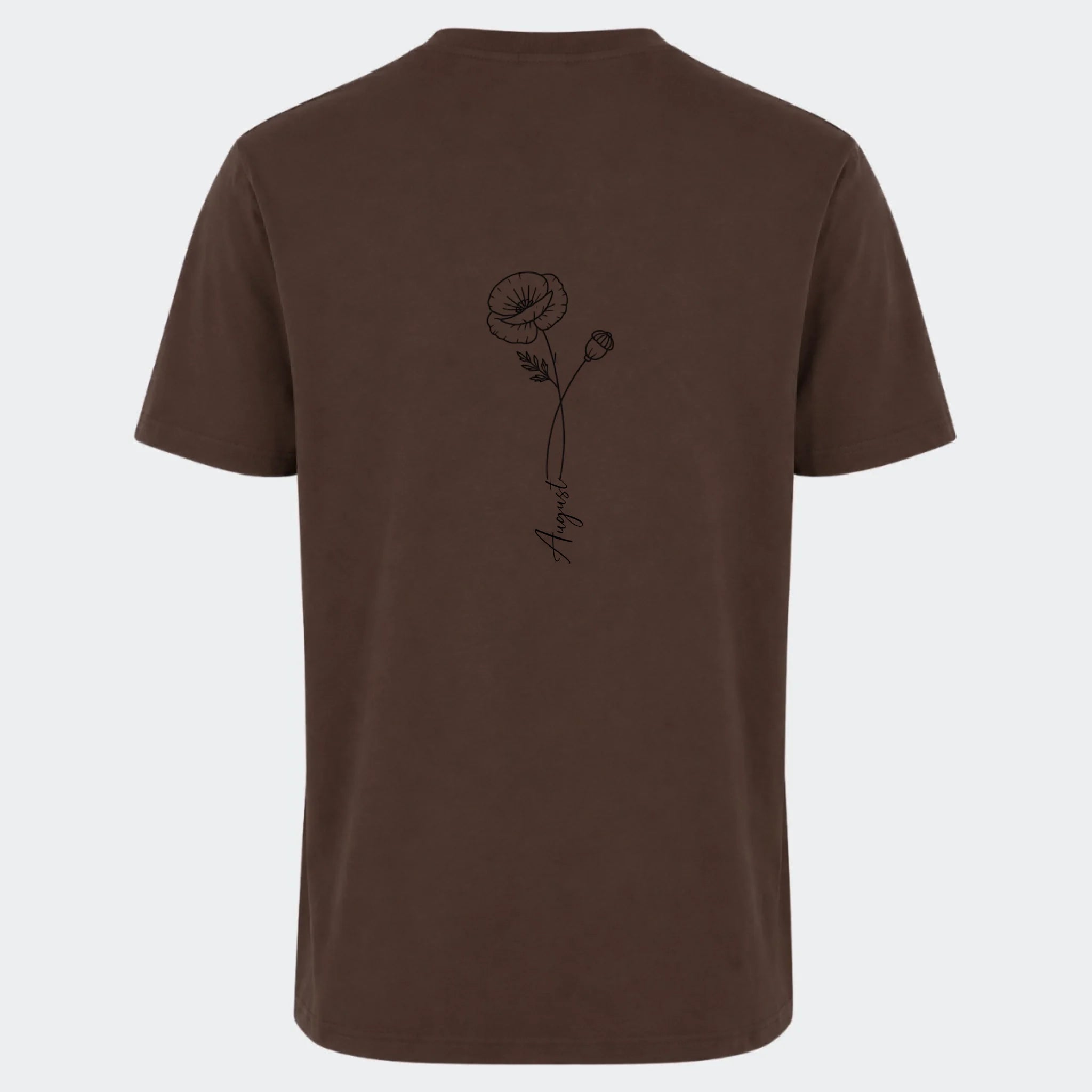 T-shirt – Månedsblomst. Se med alle her, chokoladebrun, set bagfra