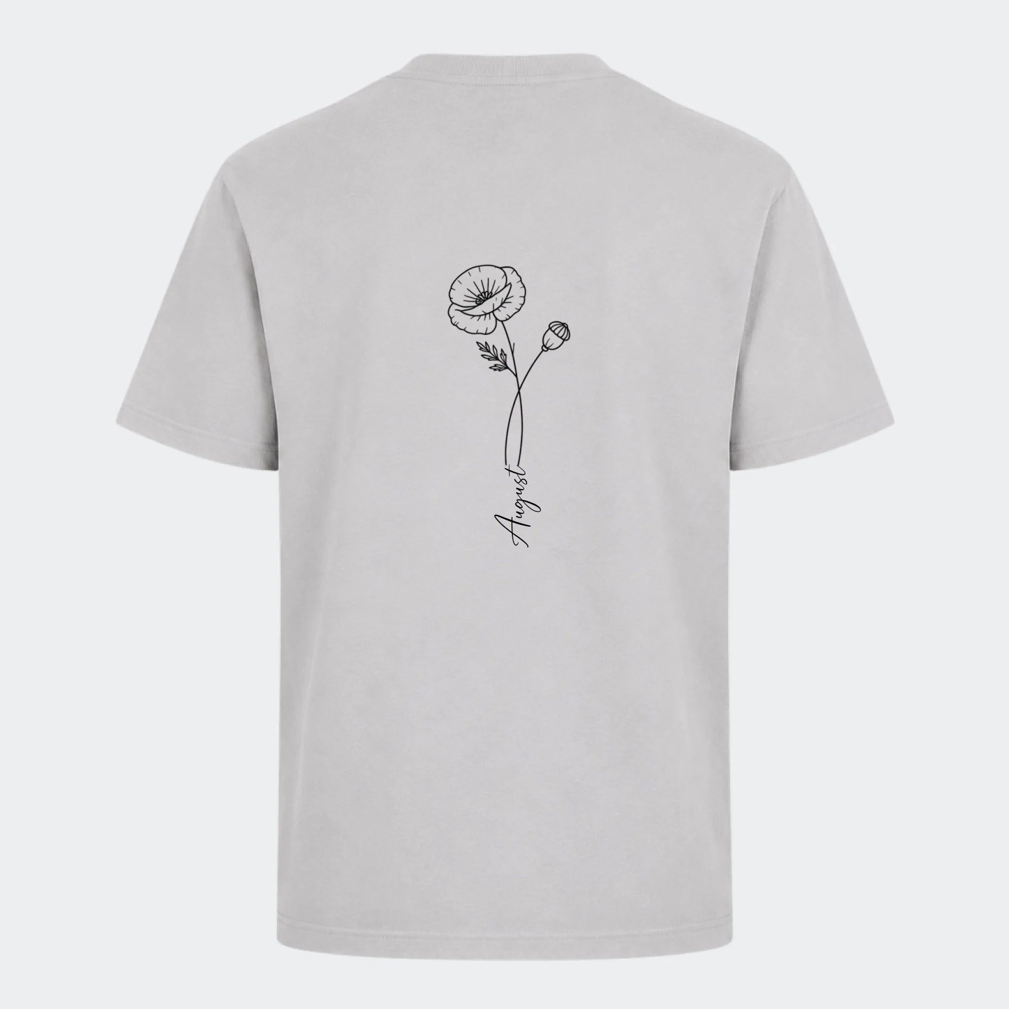 T-shirt – Månedsblomst. Se med alle her, lysegrå, set bagfra