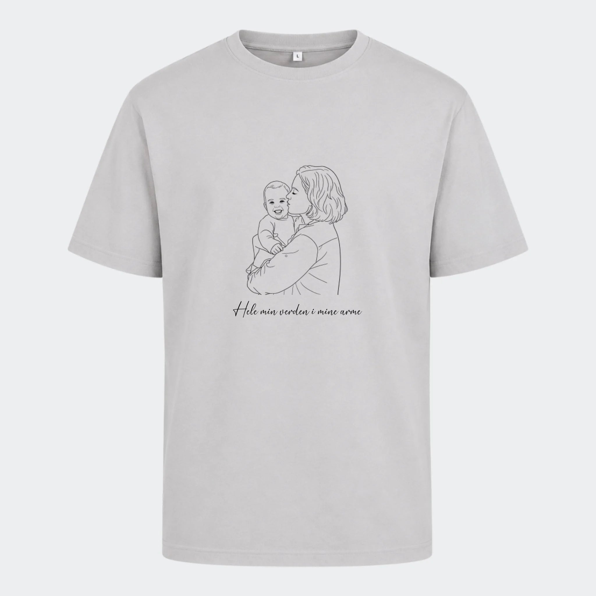 T-shirts til voksne – Stregtegning med eget billede, lysegrå, set forfra
