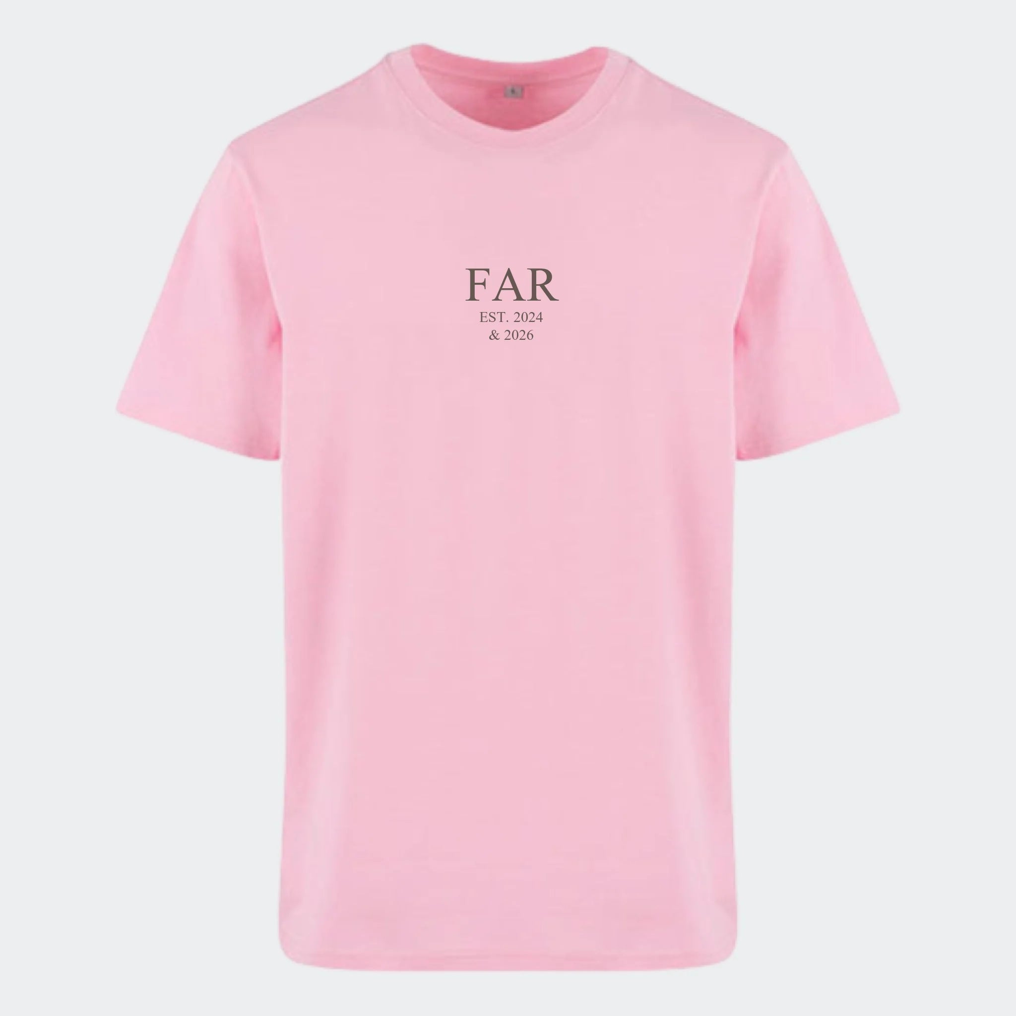 T-shirt med tryk til voksne – FAR EST. (Vælg selv tekst og årstal), lyserød, set forfra