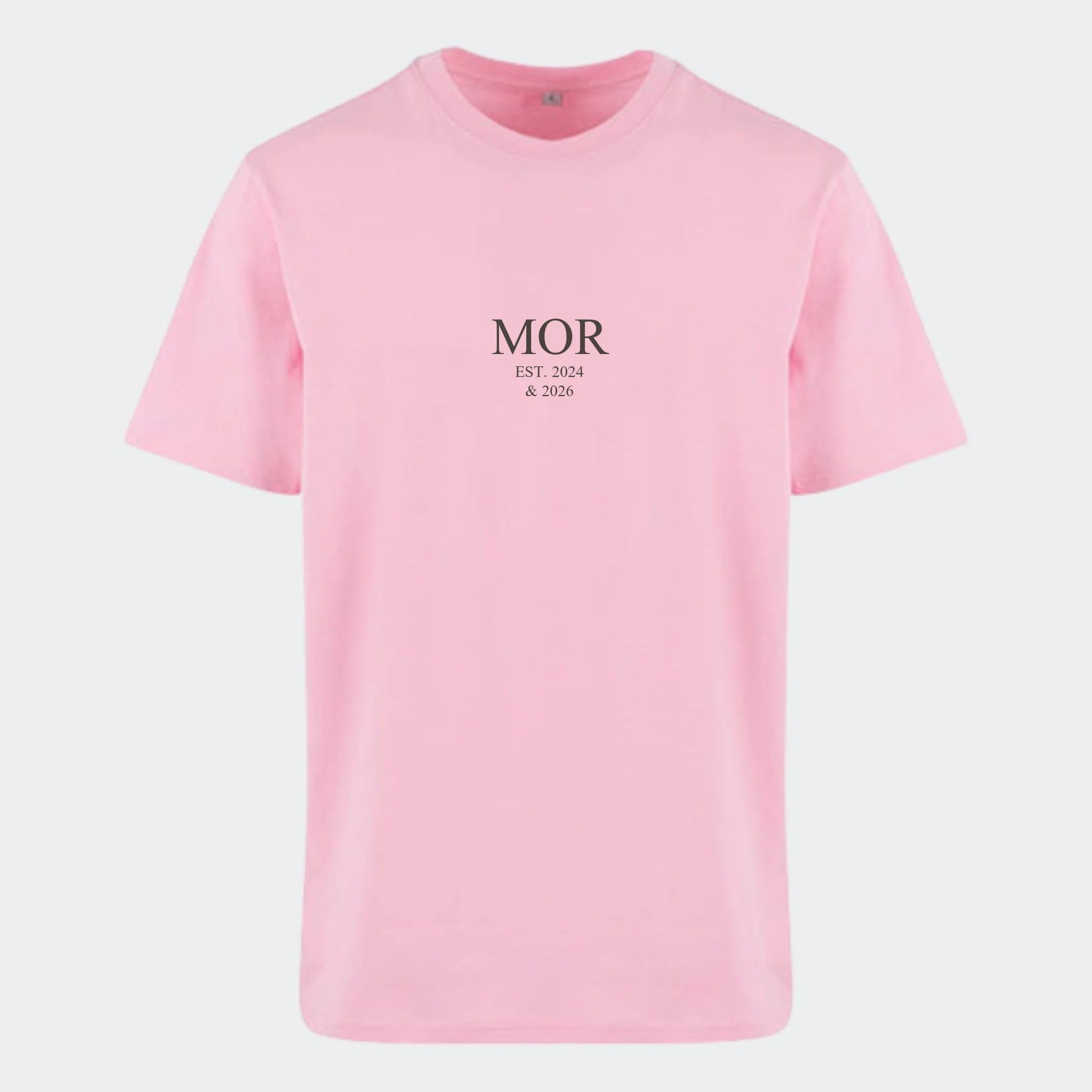 T-shirt med tryk – MOR EST. (Vælg selv tekst og årstal), lyserød, set forfra