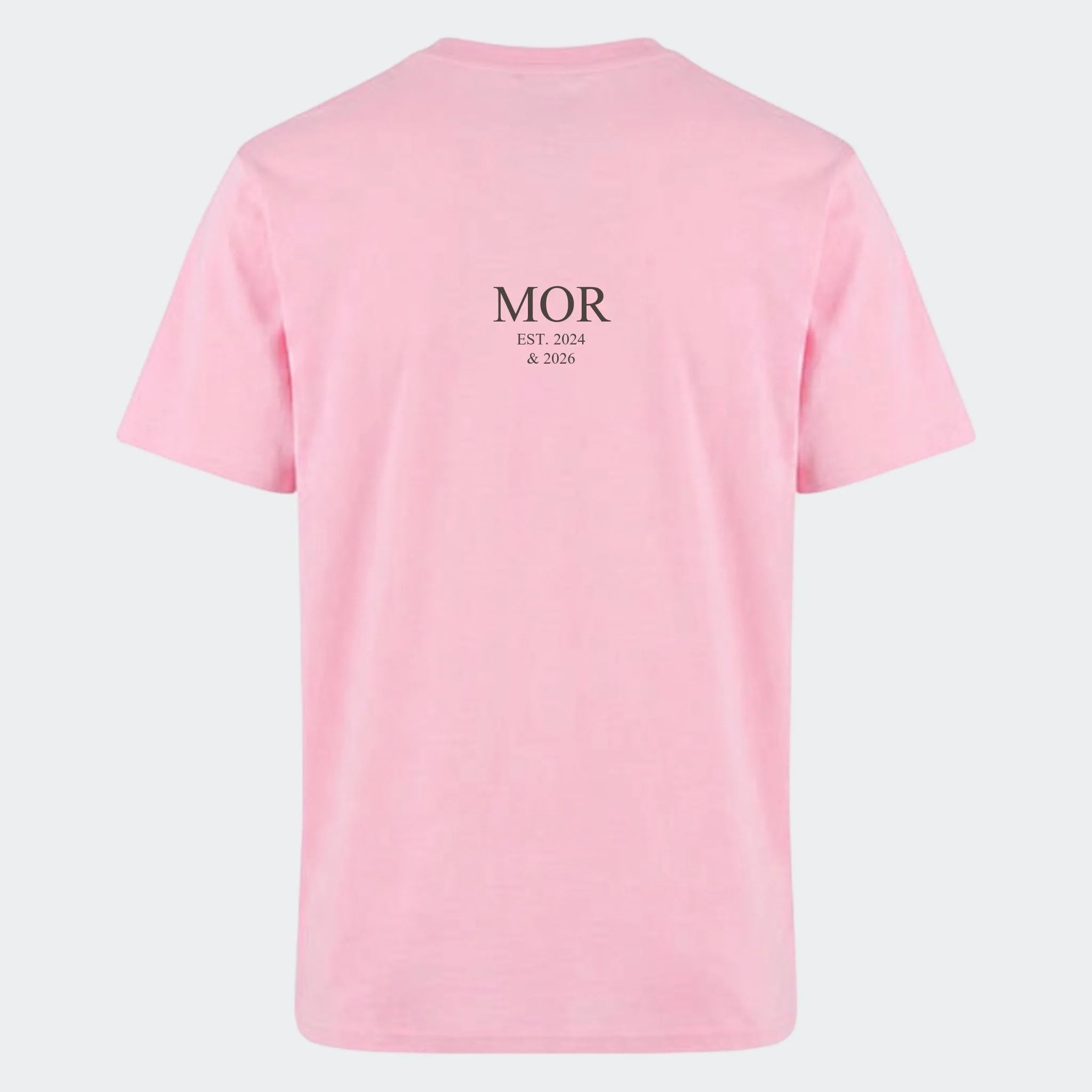 T-shirt med tryk – MOR EST. (Vælg selv tekst og årstal), lyserød, set bagfra