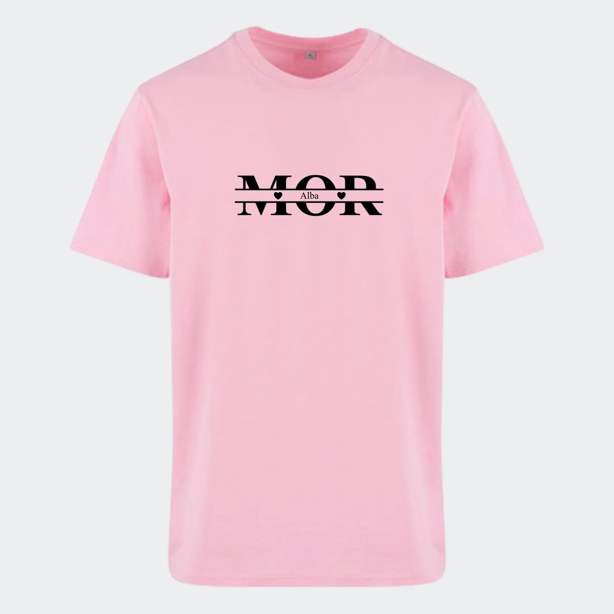 T-shirt til voksne – Mor med hjerter og navne, lyserød, set forfra