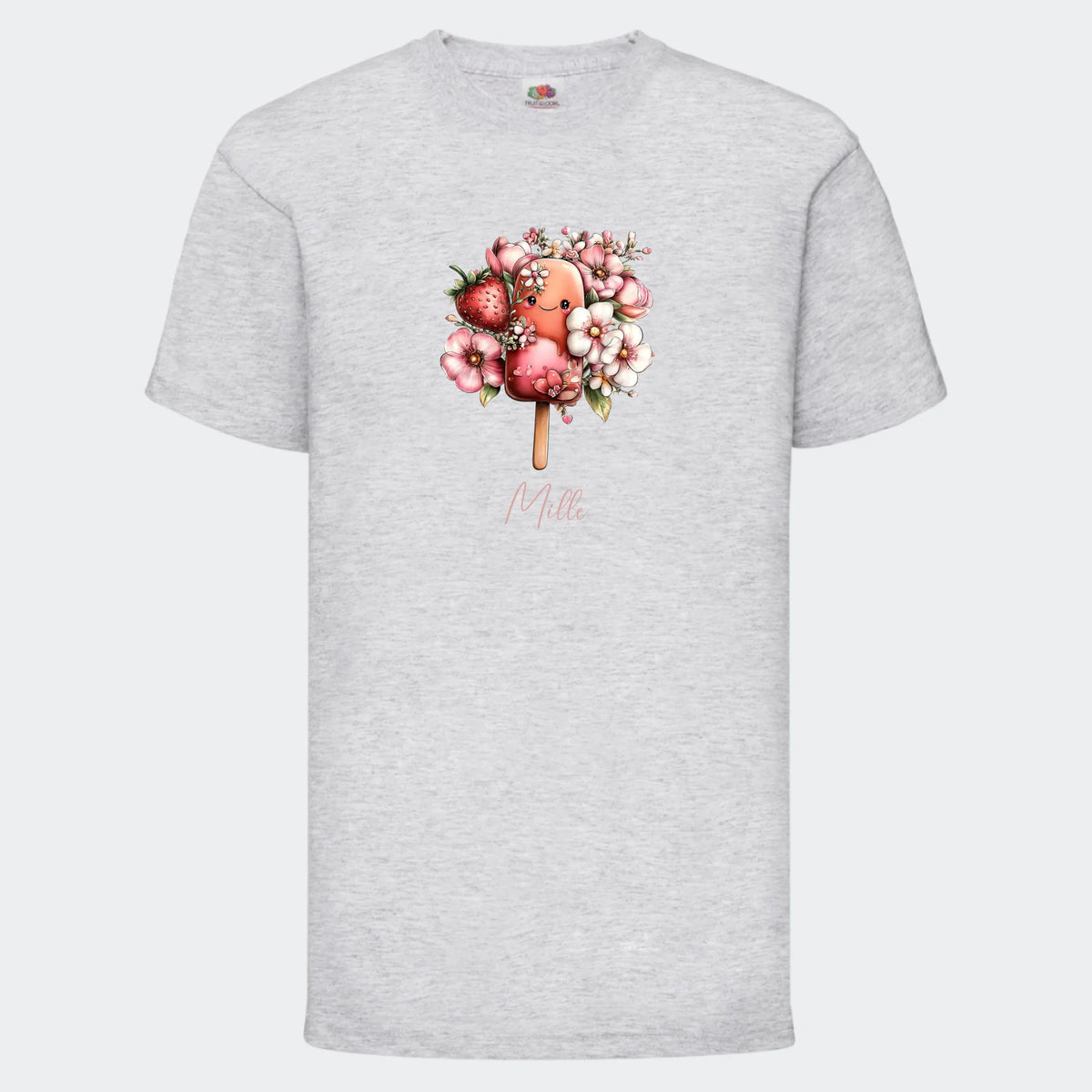 Personlig T-shirt til Børn – Søde Is. Se farver og motiver, meleret grå, set forfra