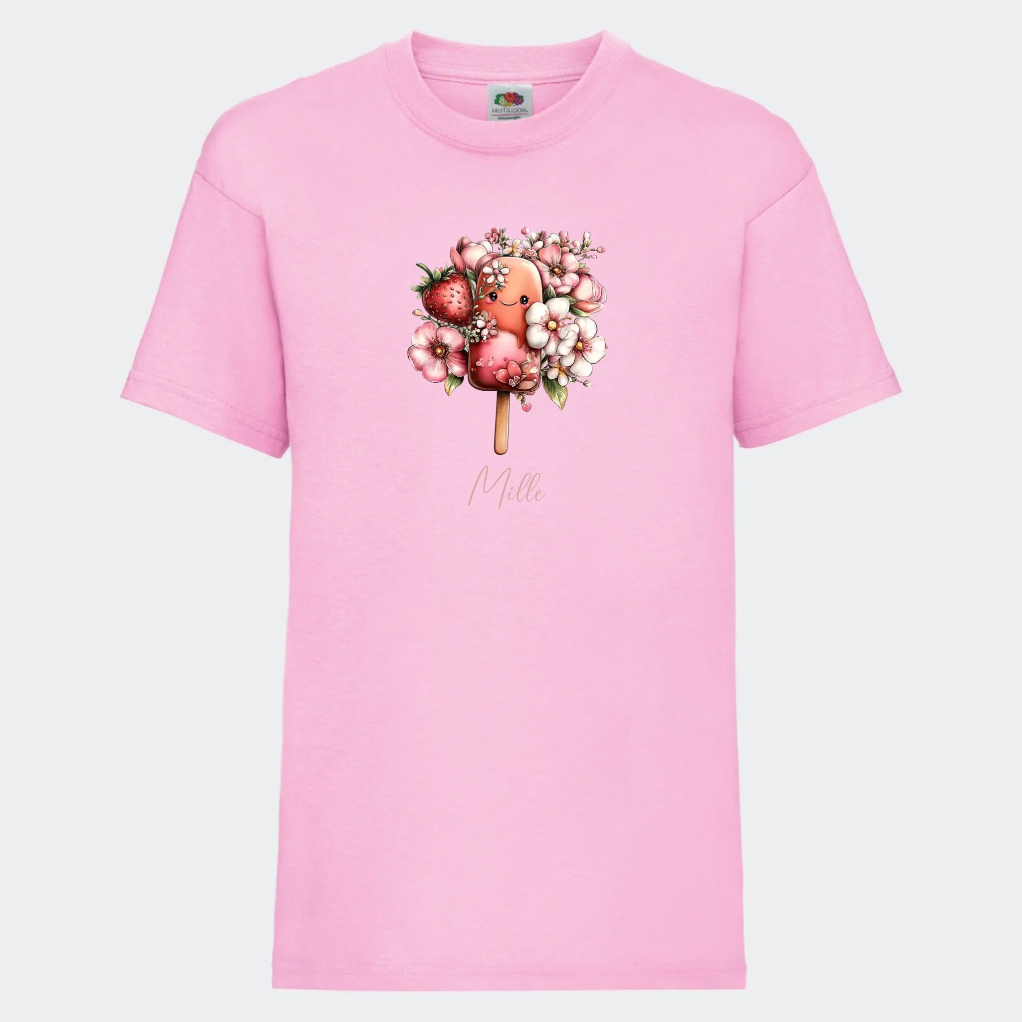 Personlig T-shirt til Børn – Søde Is. Se farver og motiver, lyserød, set forfra