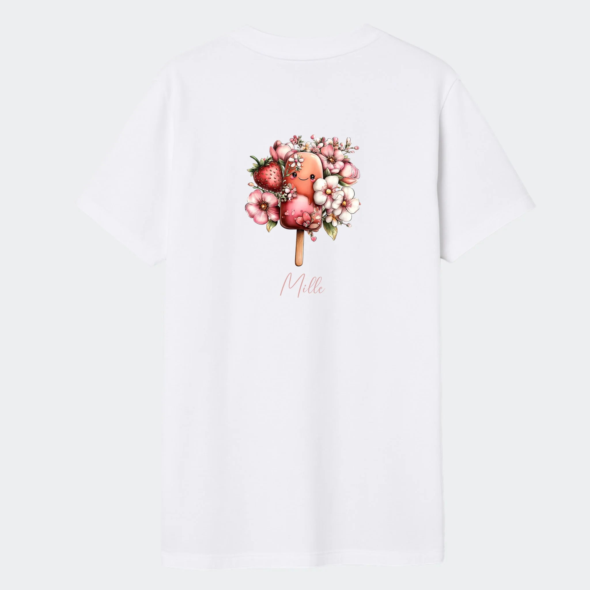 Personlig T-shirt til Børn – Søde Is. Se farver og motiver, hvid, set bagfra
