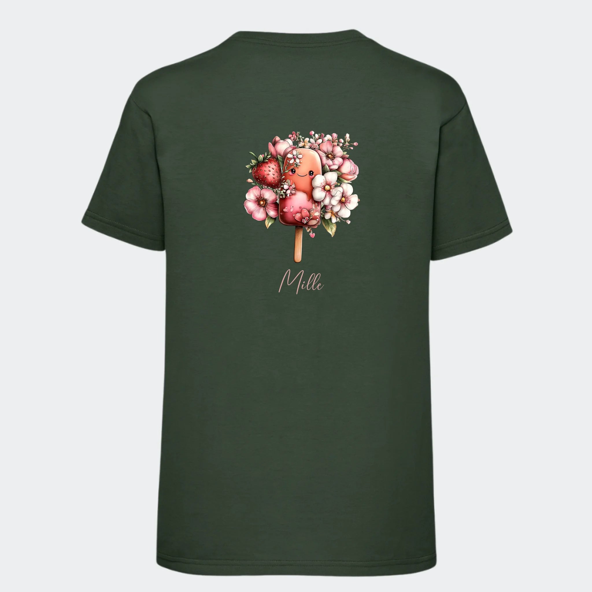 Personlig T-shirt til Børn – Søde Is. Se farver og motiver, flaskegrøn, set bagfra
